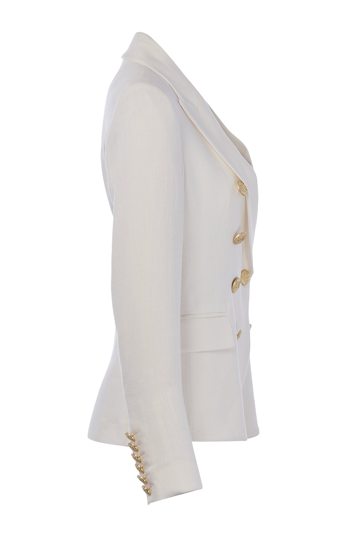 side of British made double breasted blazer that fastens with a single button hole to create a more form fitting silhouette with two pockets and gold button detailing this blazer in white linen