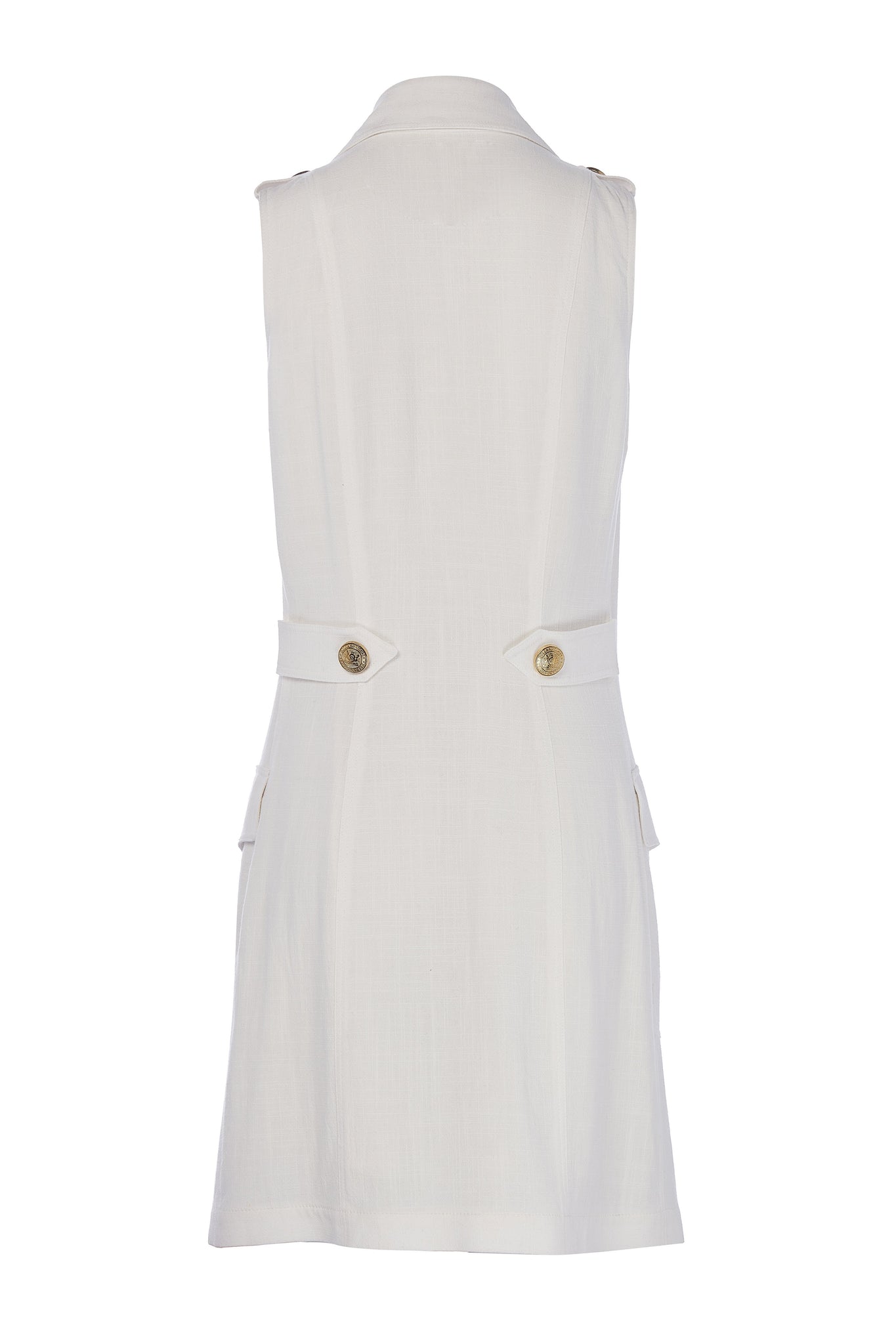 back shot of womens white linen sleeveless collared mini dress with gold button front fastening 