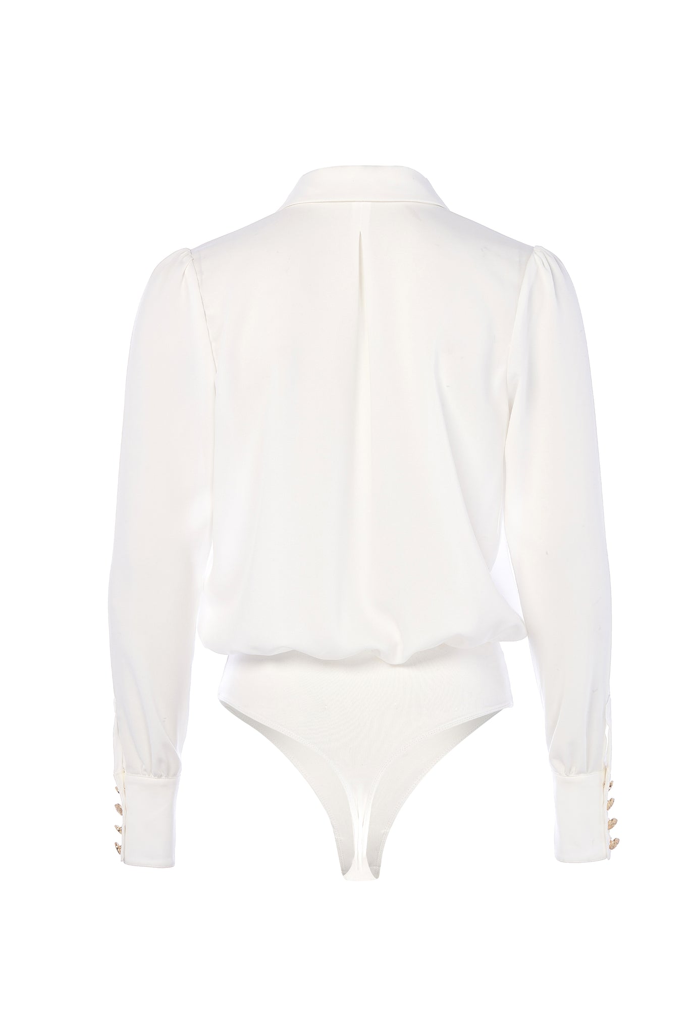 back of womens white cupro cross body style bodysuit with gold hardware shoulders and cuffs with thong back