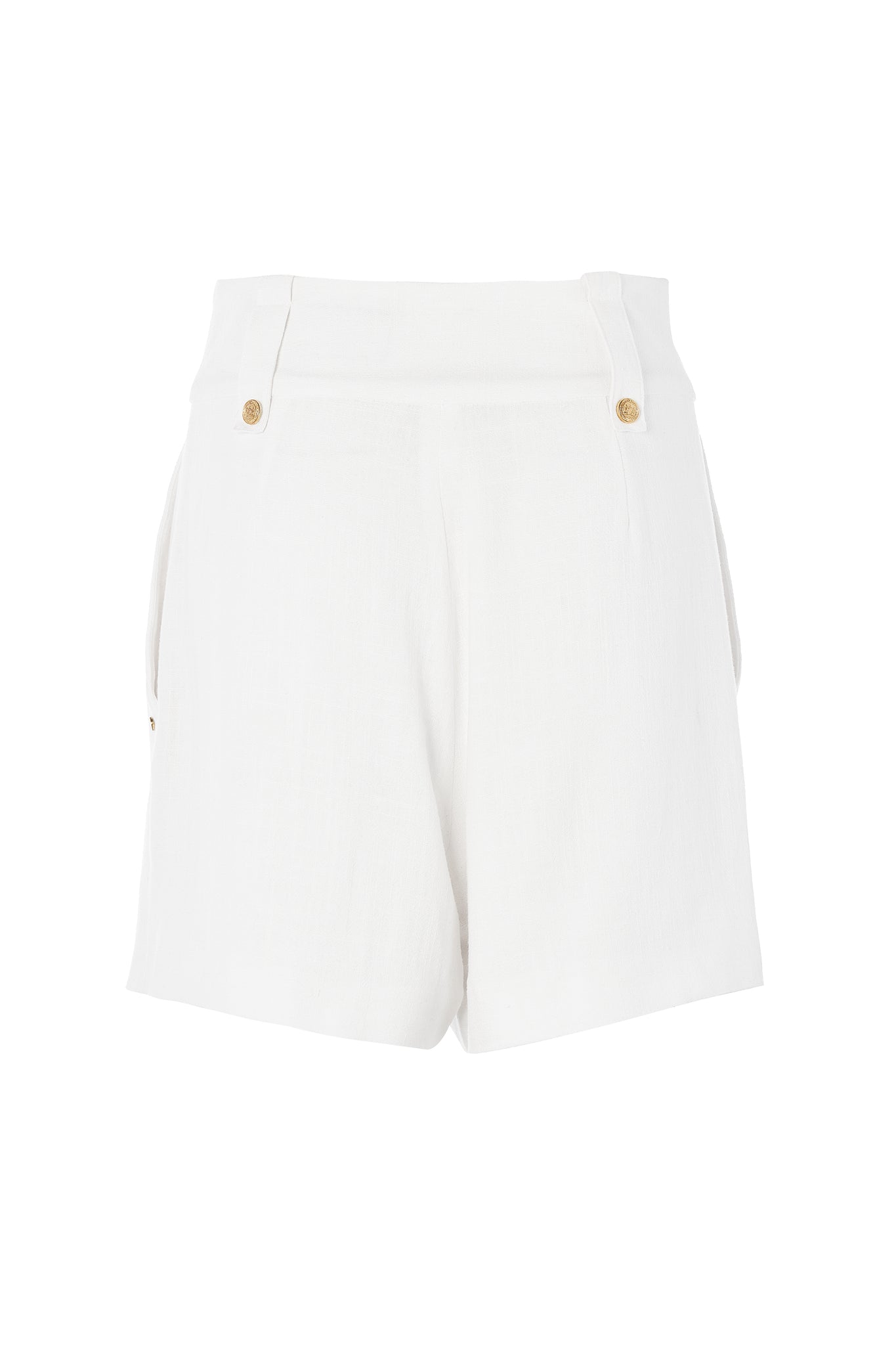 back of womens white linen tailored shorts with two single knife pleats and centre front zip fly fastening with two gold stud buttons