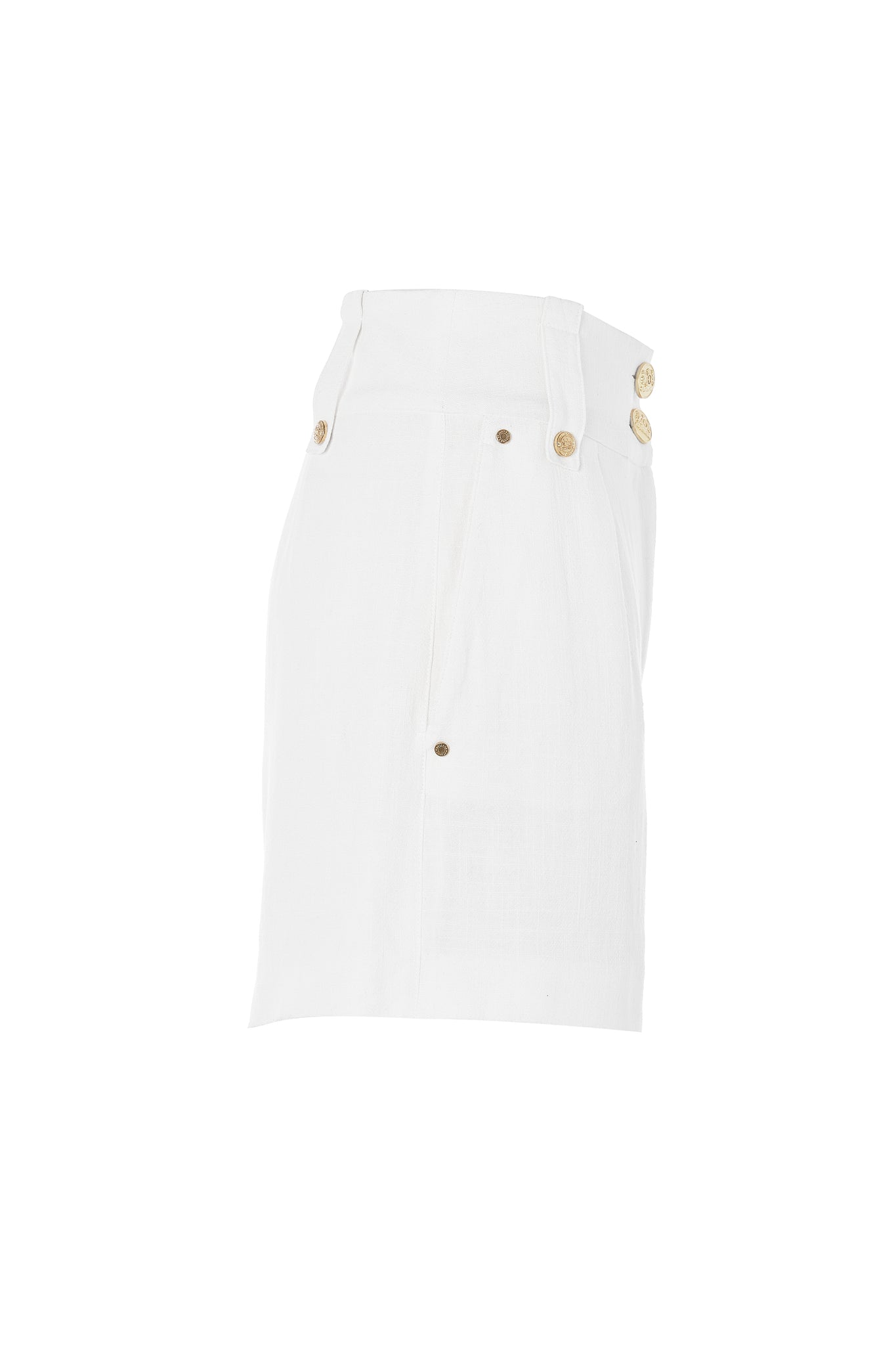 side of womens white linen tailored shorts with two single knife pleats and centre front zip fly fastening with two gold stud buttons