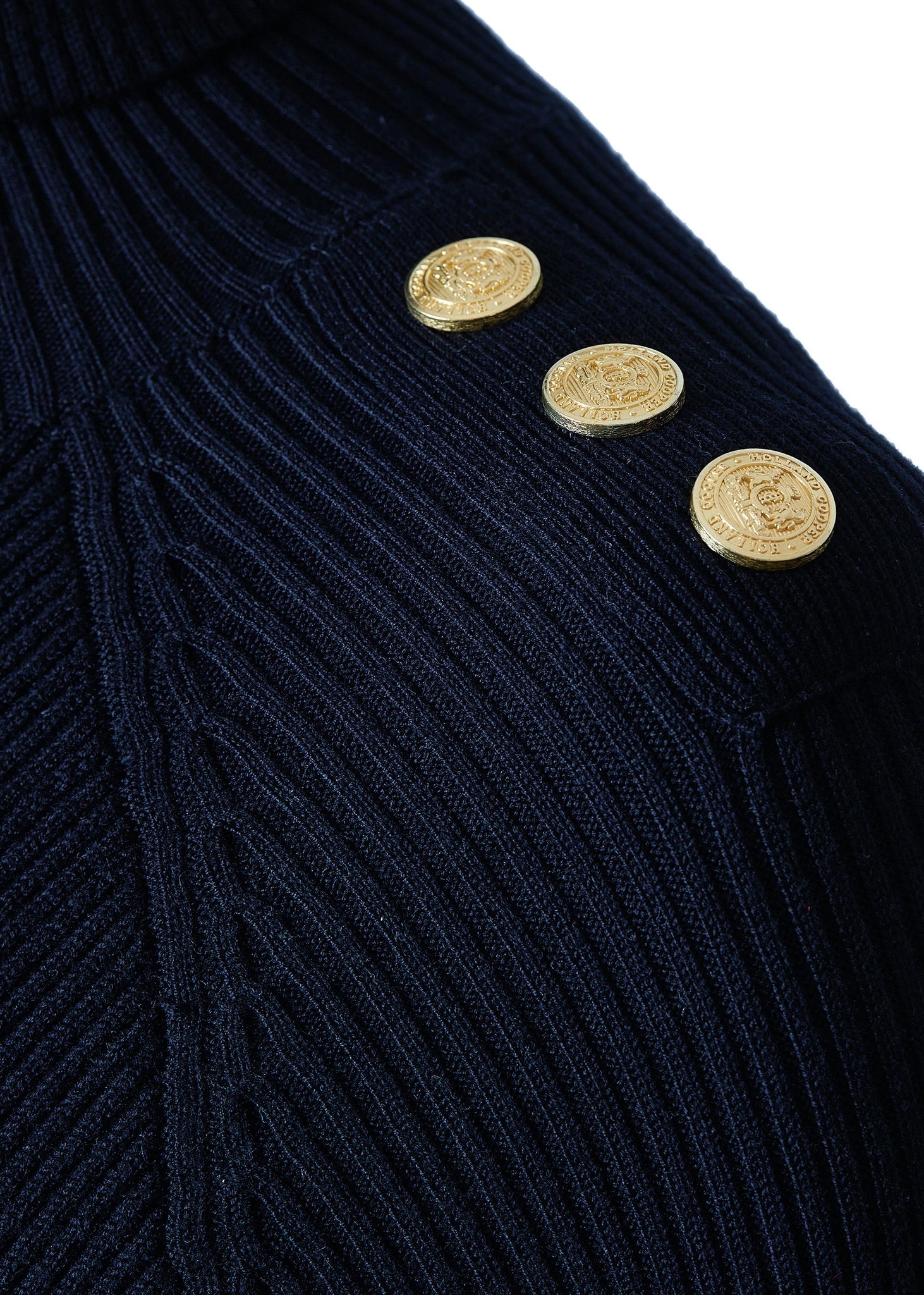 gold button detail on shoulder on womens navy knitted roll neck midi dress 