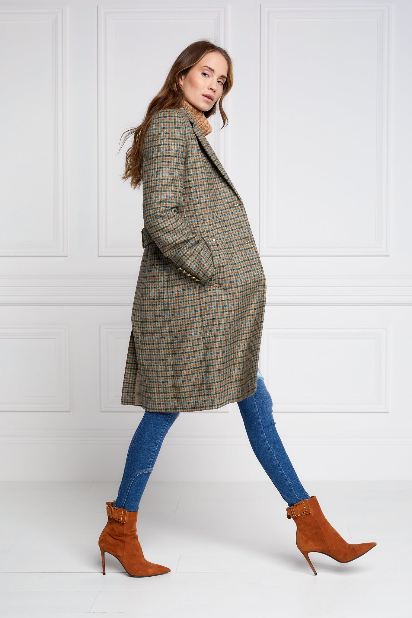 womens green tweed knee length single breasted coat detailed with gold hardware