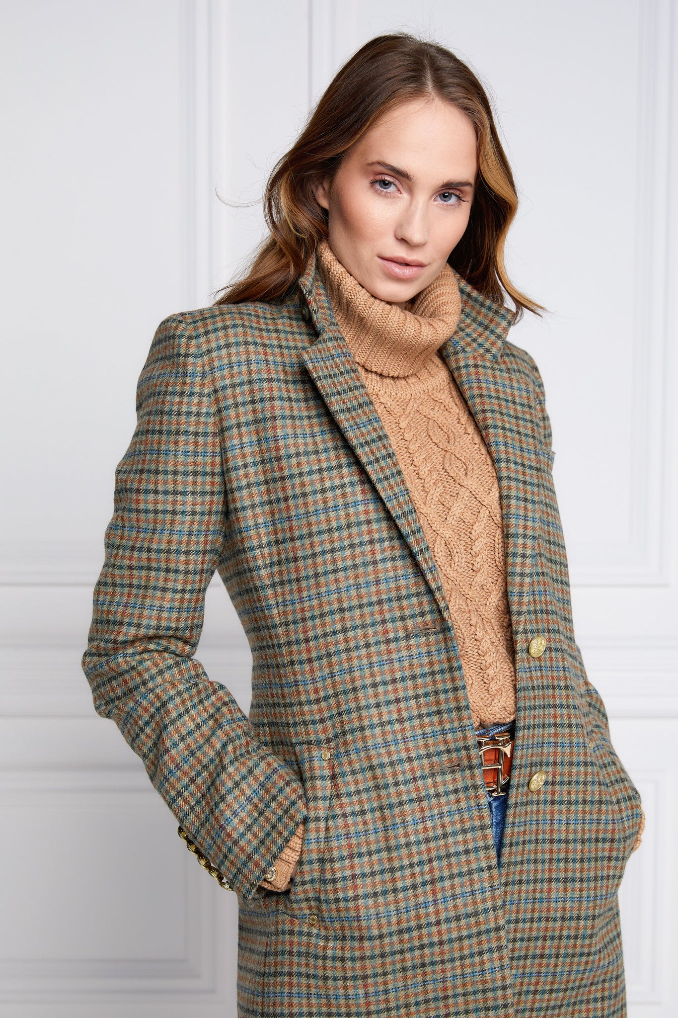 womens green tweed knee length single breasted coat detailed with gold hardware