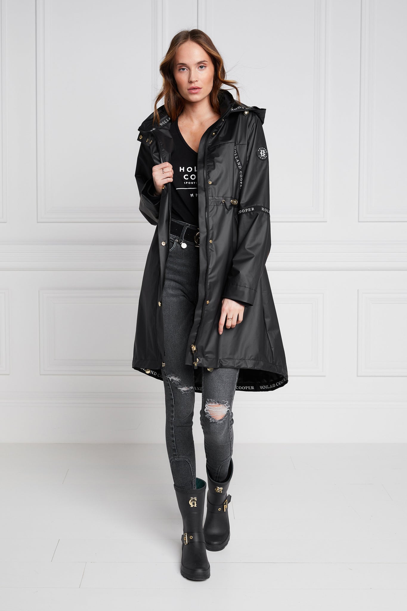 womens matte black rain coat with hood 