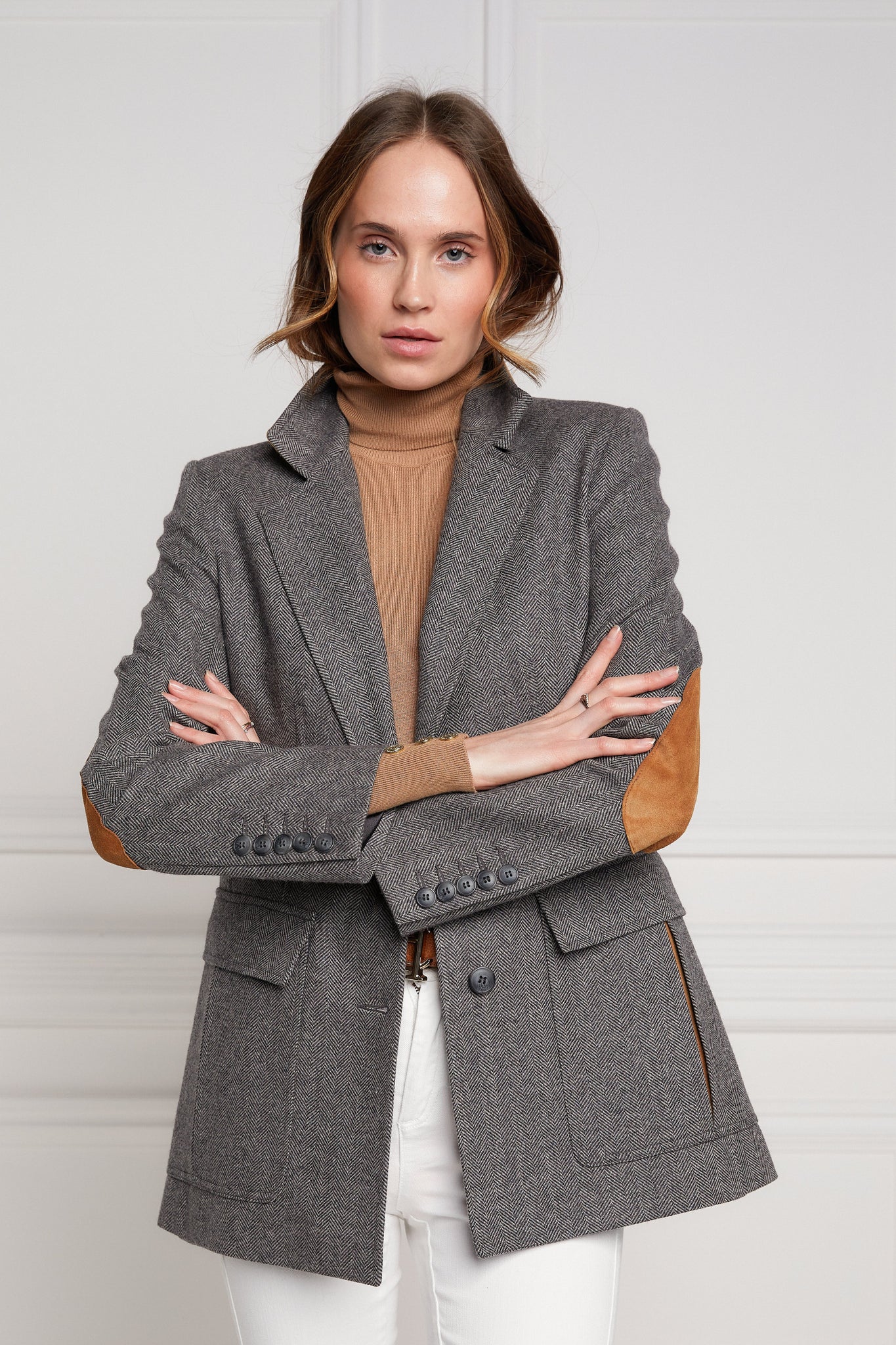womens tailored fit single breasted blazer in grey herringbone with patch pockets and contrast tan suede elbow patches and underside collar