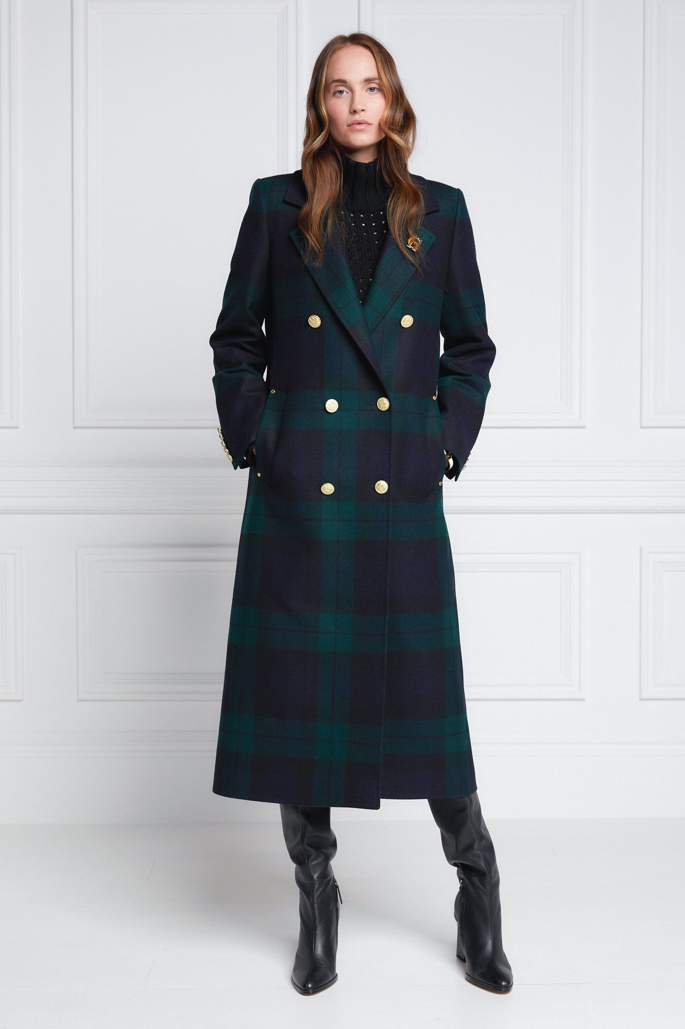 Womens blackwatch navy and green double breasted mid-length tartan tweed coat 