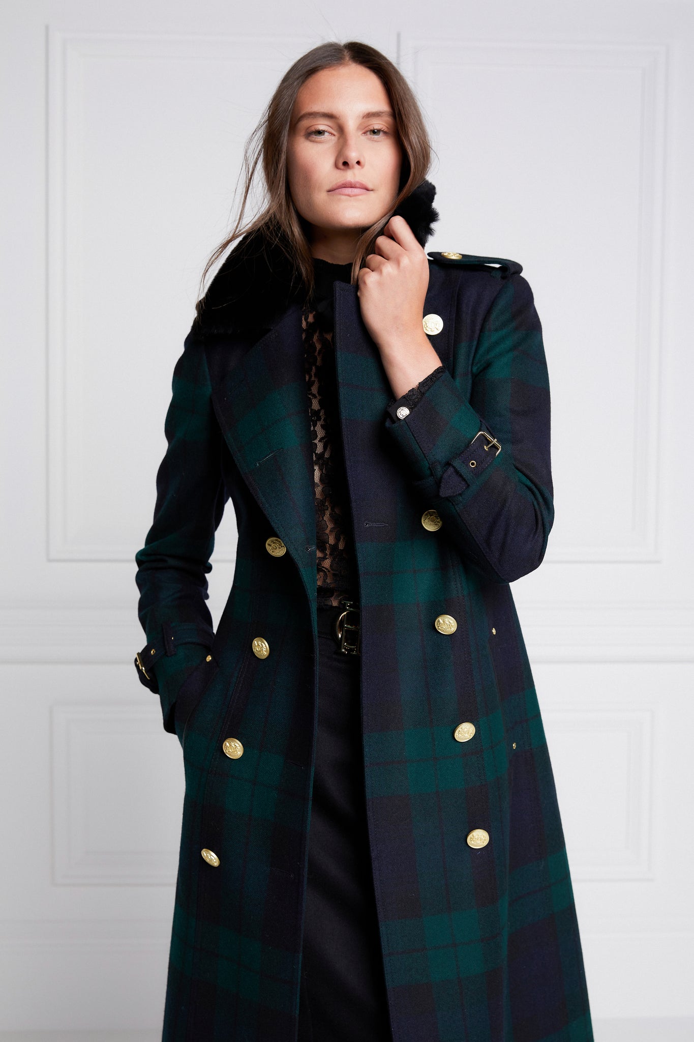 womens navy and green blackwatch houndstooth double breasted full length trench coat with black faux fur collar