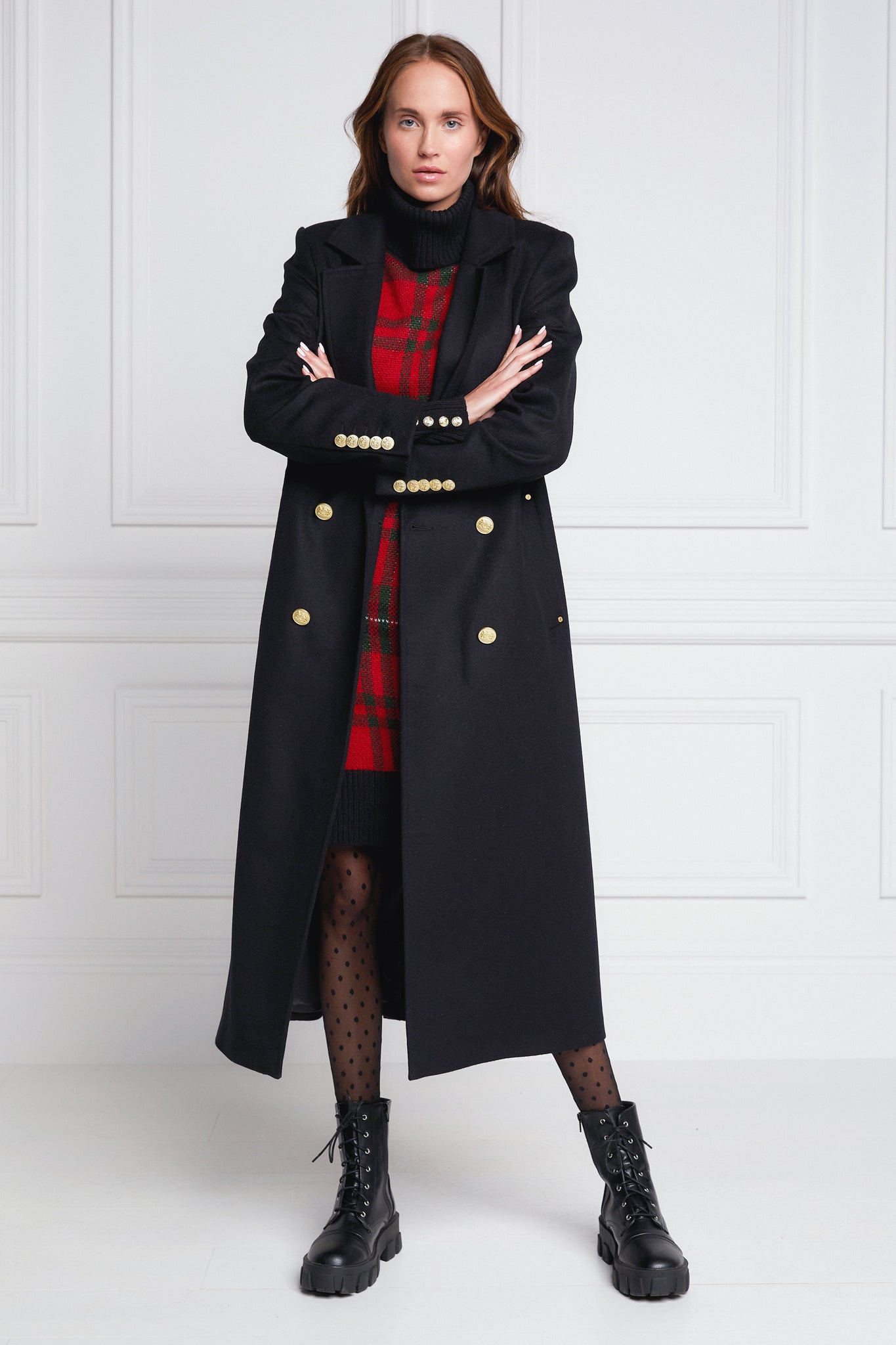 Womens black wool double breasted mid-length tweed coat 
