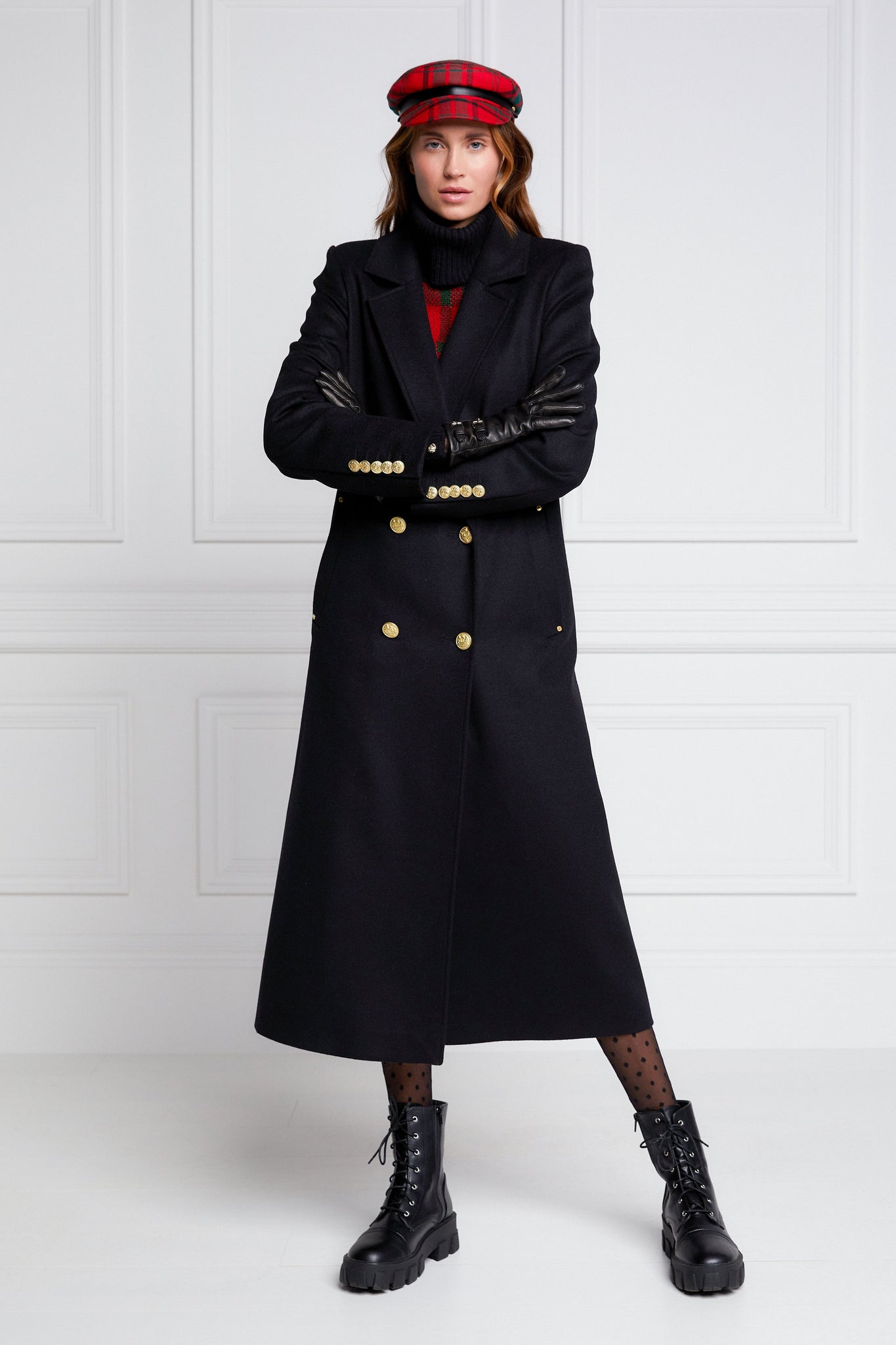 Womens black wool double breasted mid-length tweed coat 