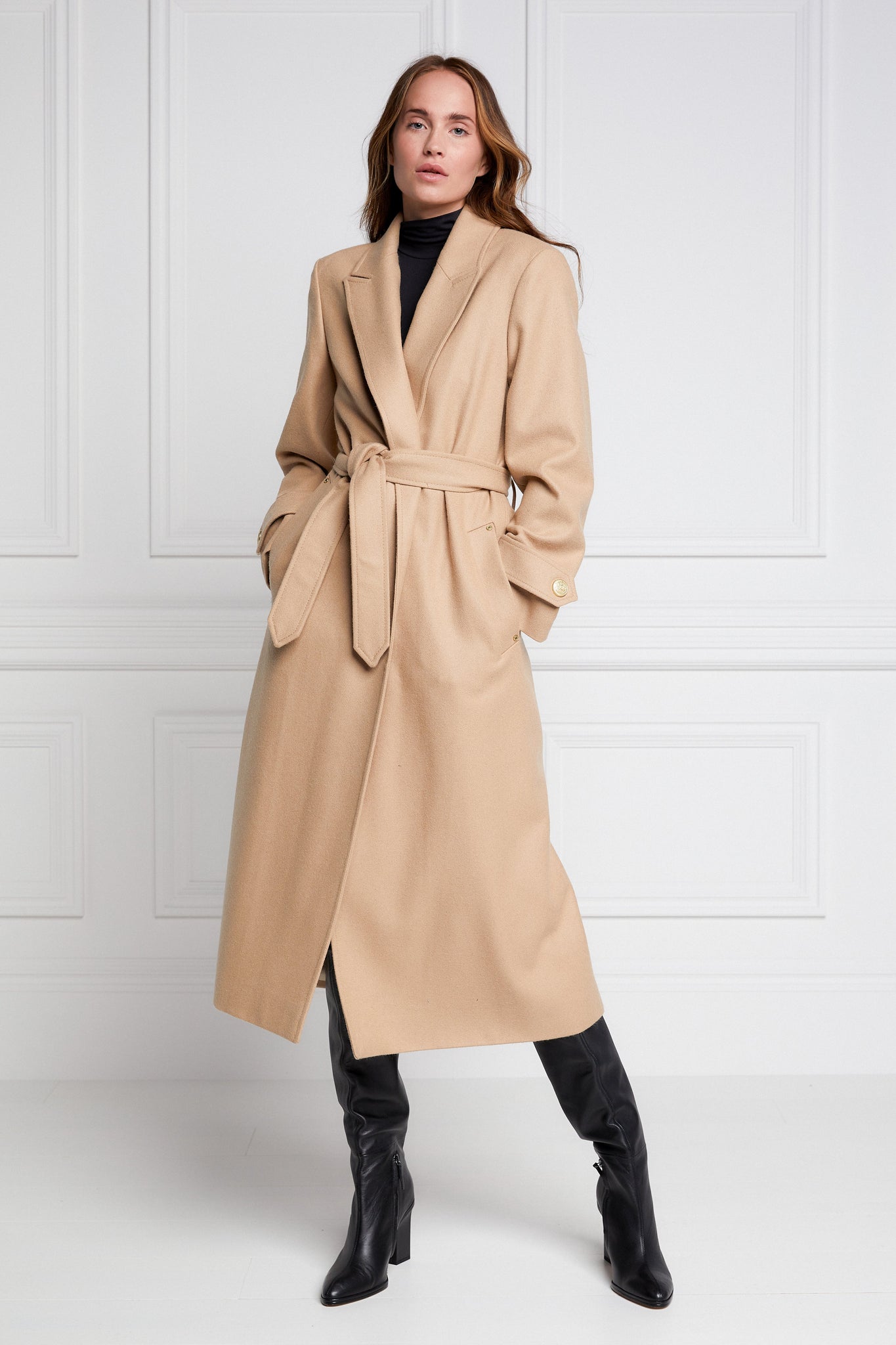 Womens camel mid length wrap coat with tie belt