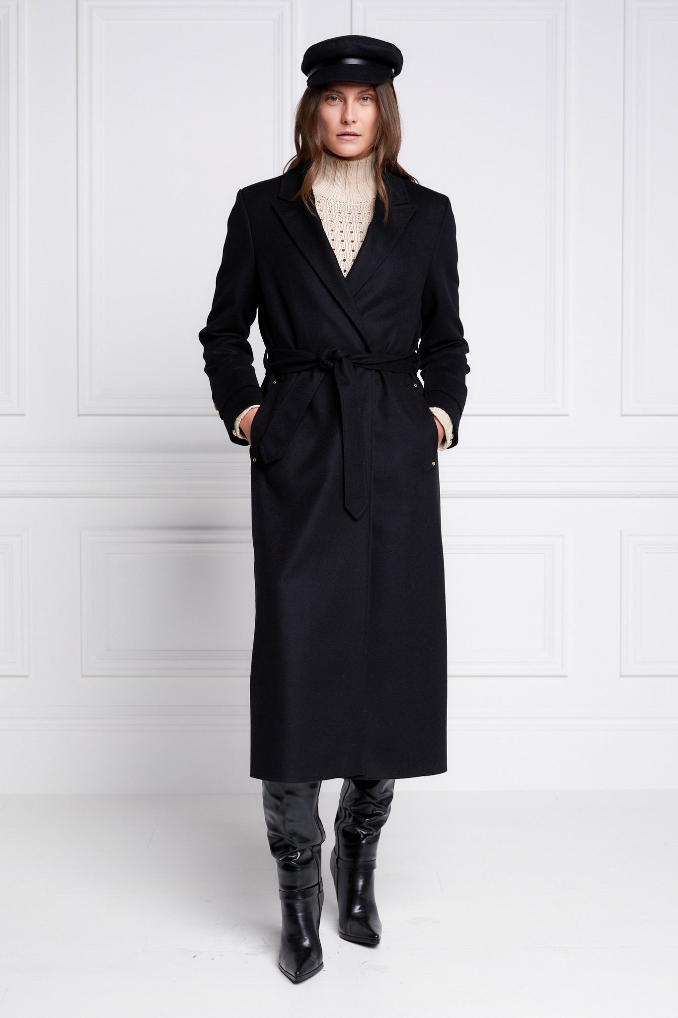 Womens black wool mid length wrap coat with tie belt
