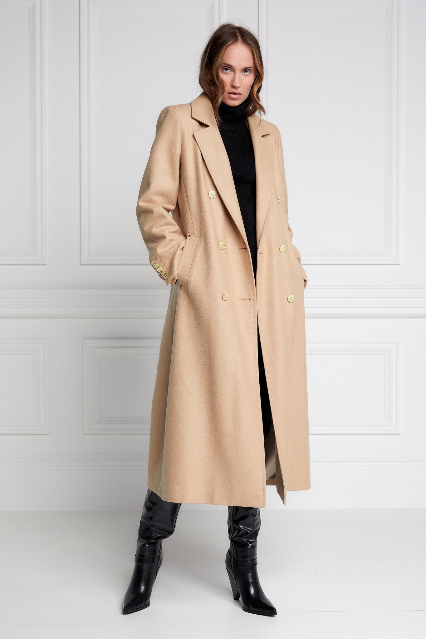 Womens camel wool double breasted mid-length tweed coat 