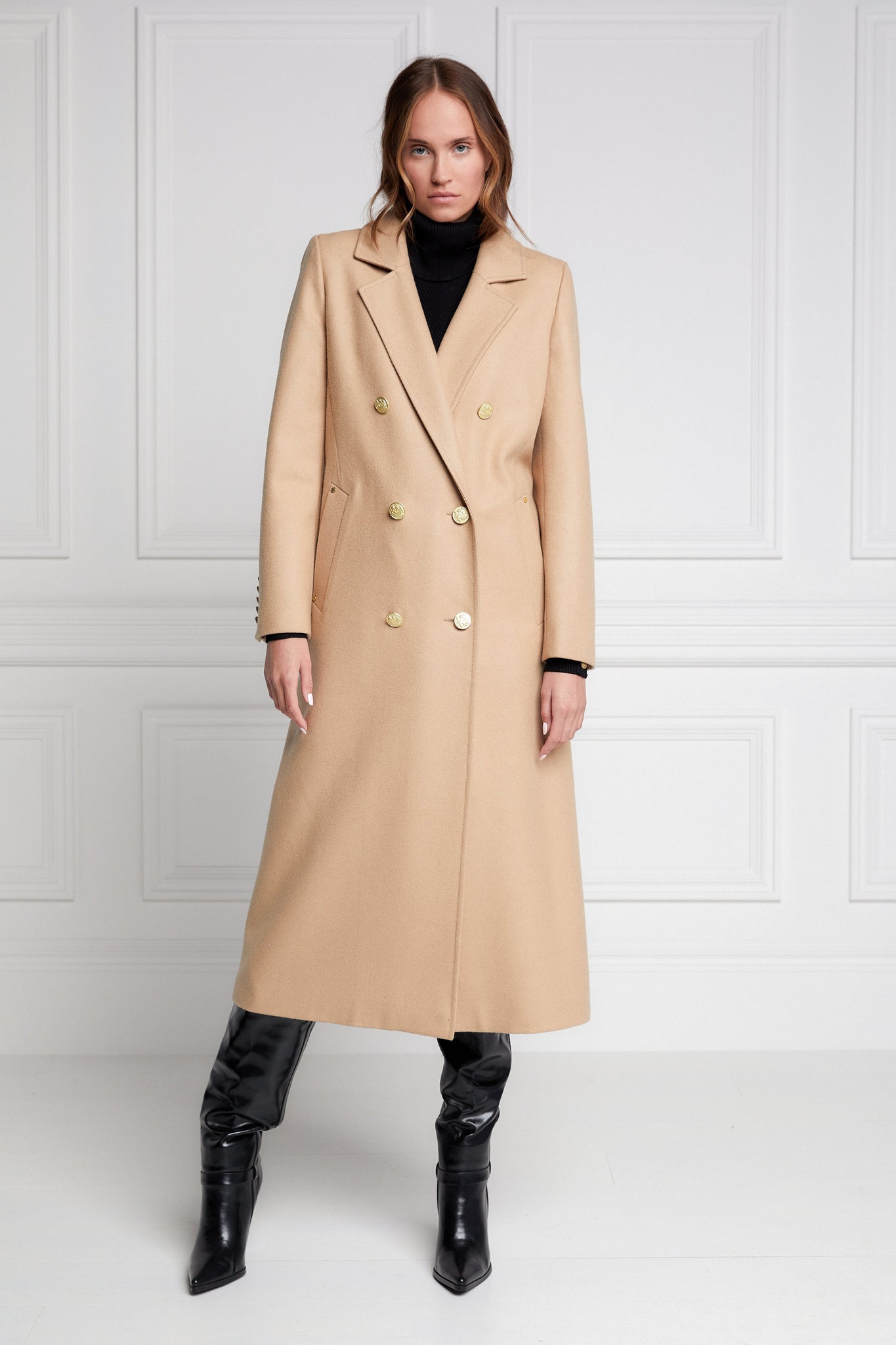 Womens camel wool double breasted mid-length tweed coat 