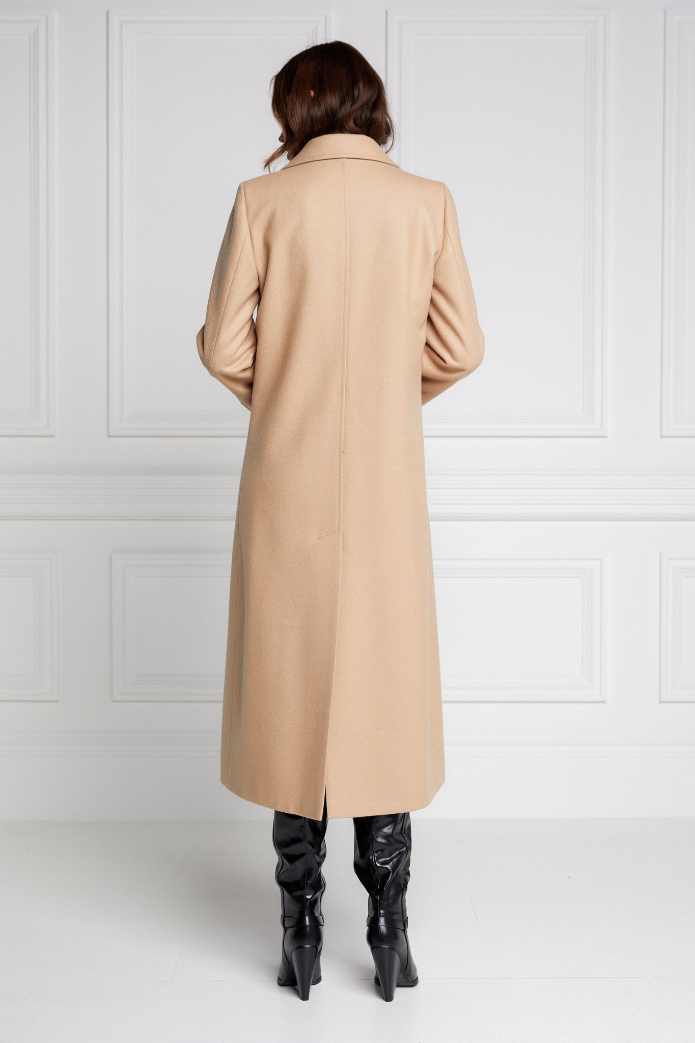 Back of Womens camel wool double breasted mid-length tweed coat 