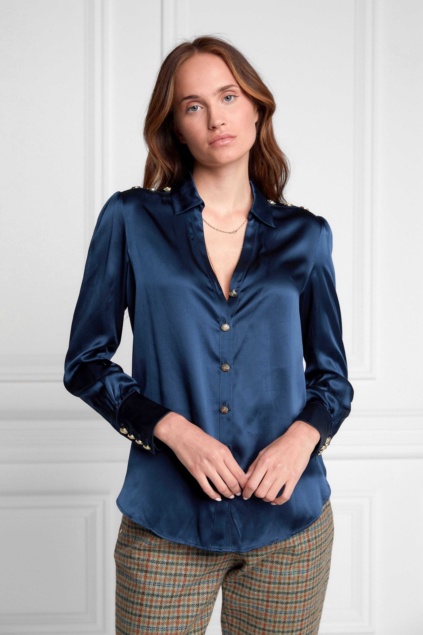 womens long sleeve blue silk v neck blouse with gold buttons