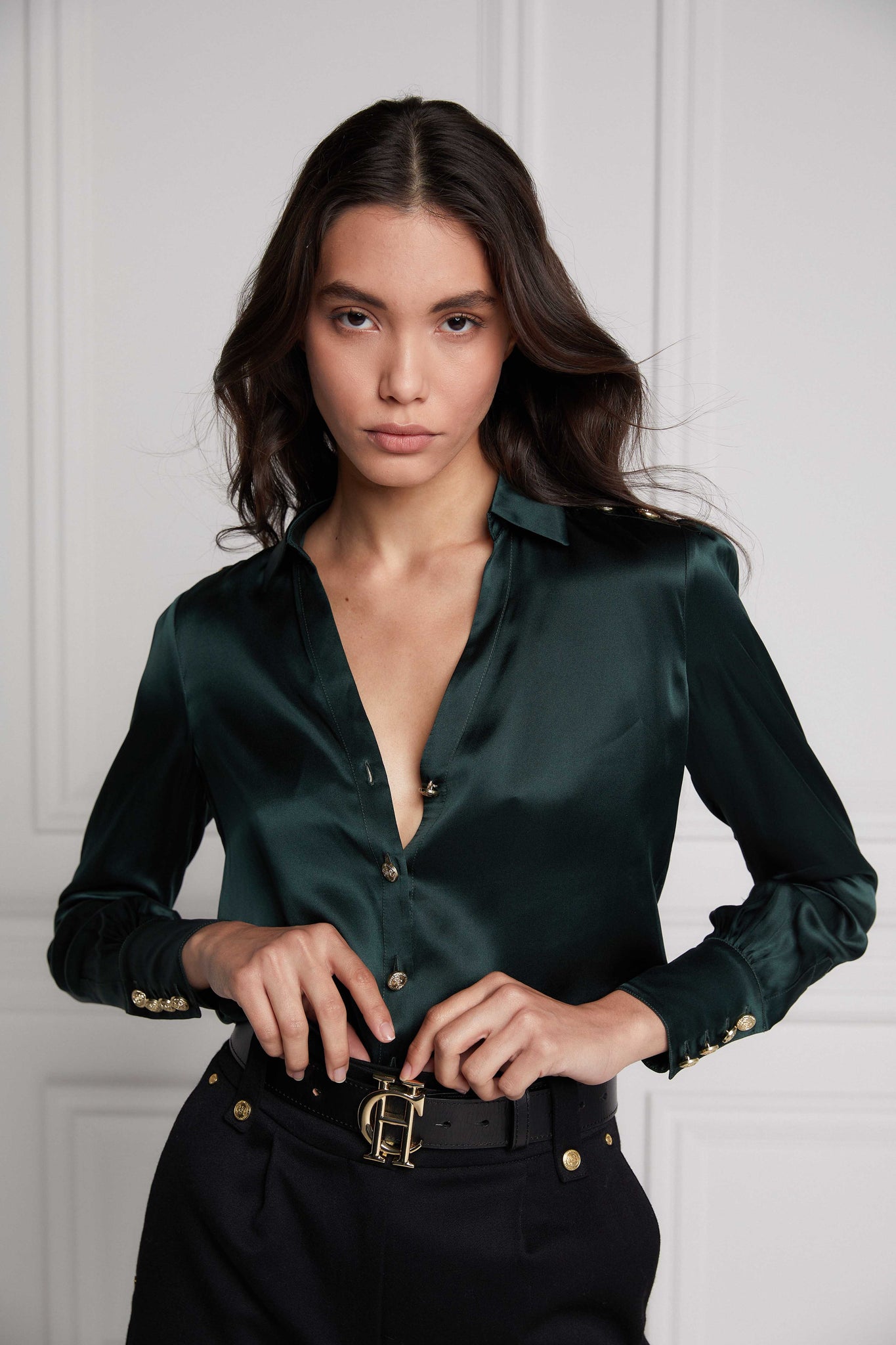 womens long sleeve dark green silk v neck blouse with gold buttons