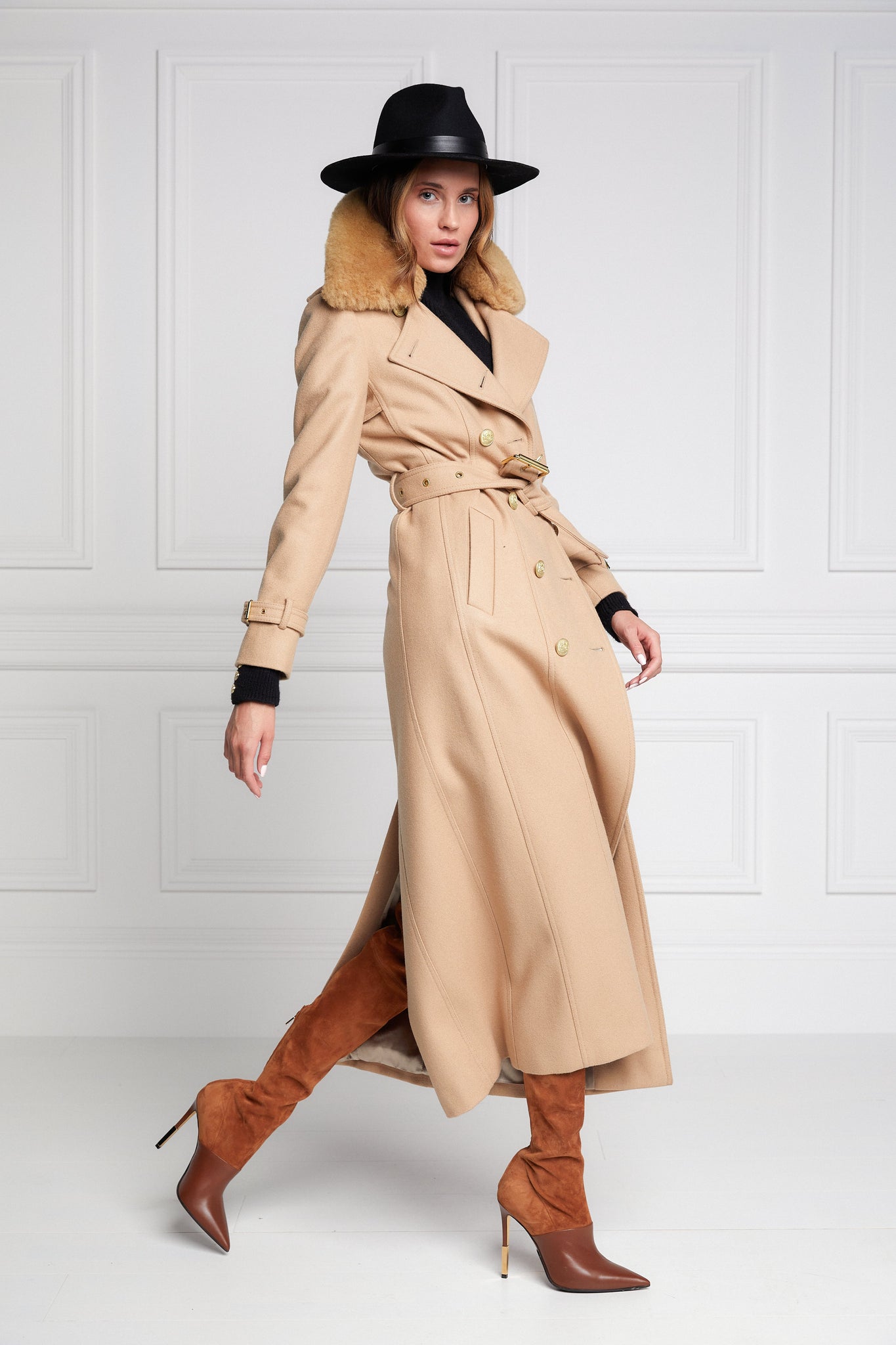 womens natural wool houndstooth double breasted full length trench coat with natural faux fur collar