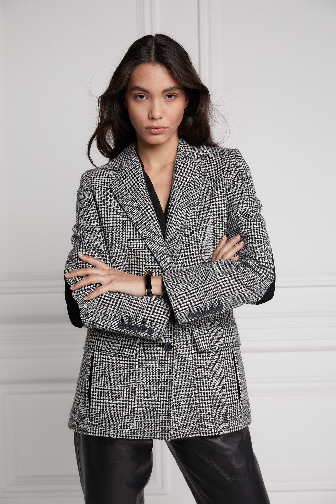 womens tailored fit single breasted blazer in black and white check with patch pockets and contrast black suede elbow patches and underside collar