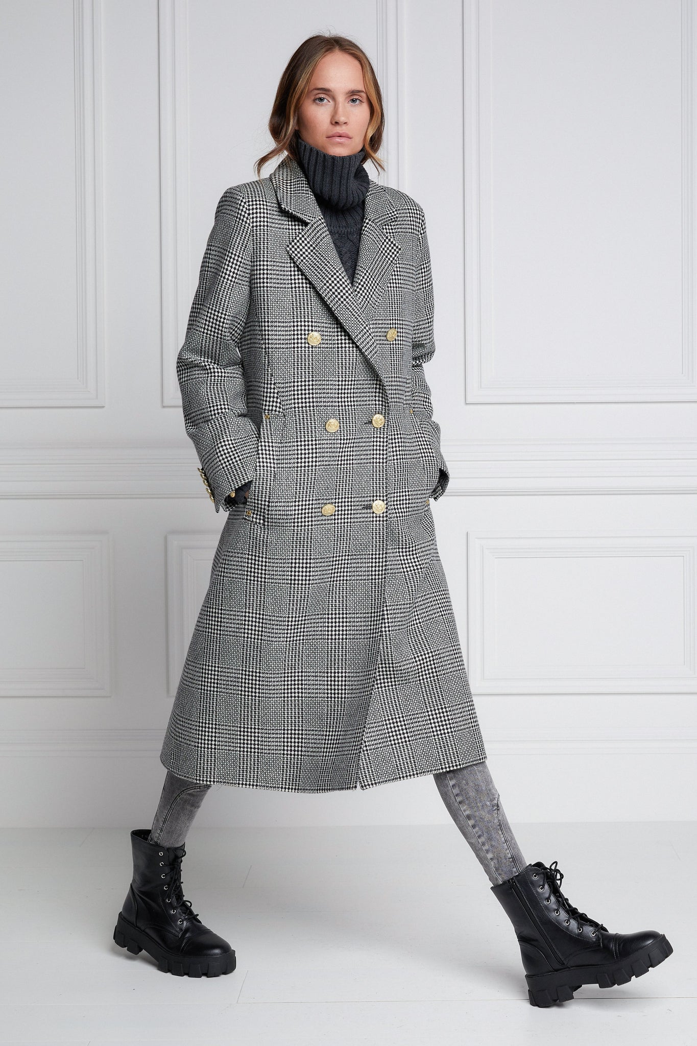 Womens prince of wales monogram black and white wool double breasted mid-length tweed coat 