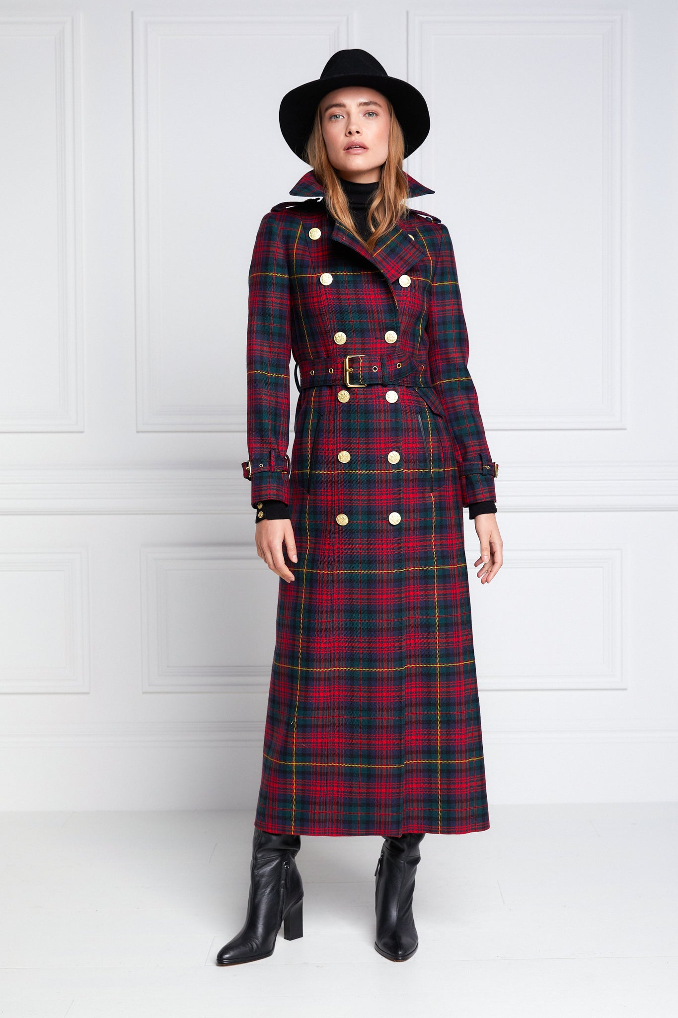 womens red and navy blue tartan double breasted full length wool trench coat with black trilby hat