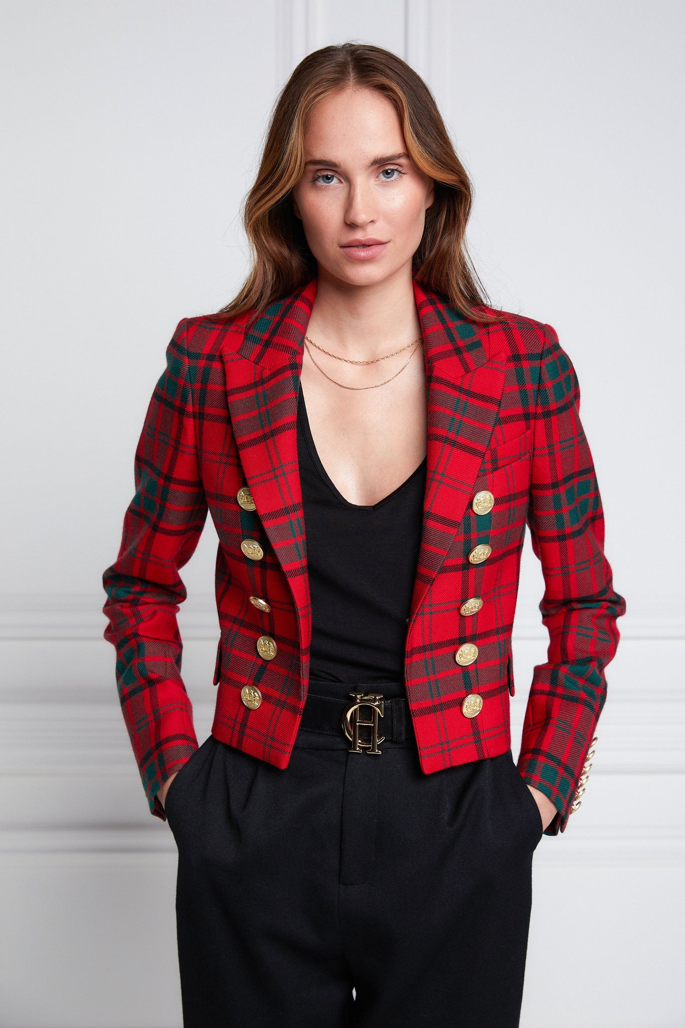 British made tailored cropped jacket in red and green tarten with welt pockets and gold button detail down the front and on sleeves