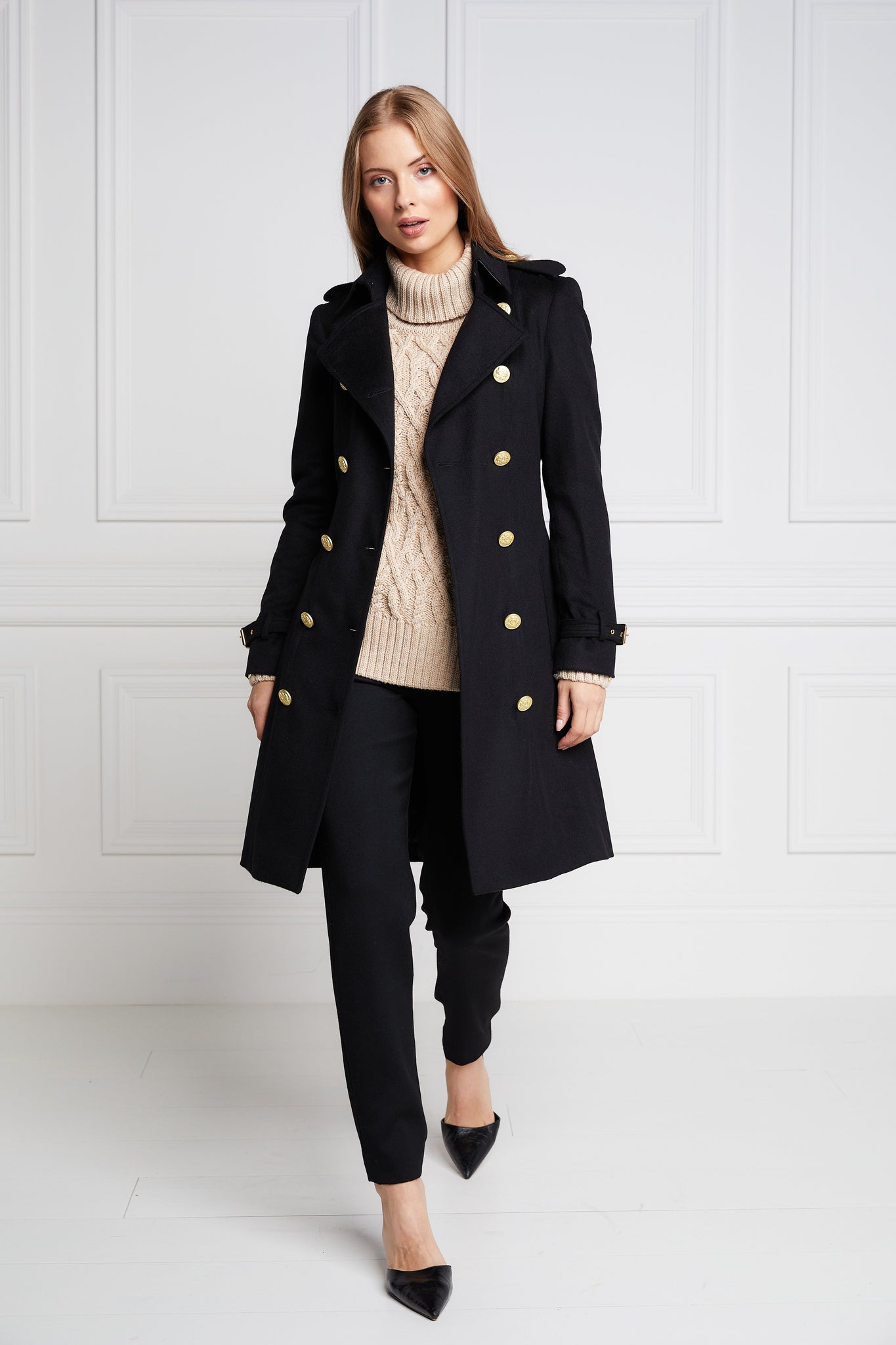 womens black detailed with gold hardware knee length wool trench coat