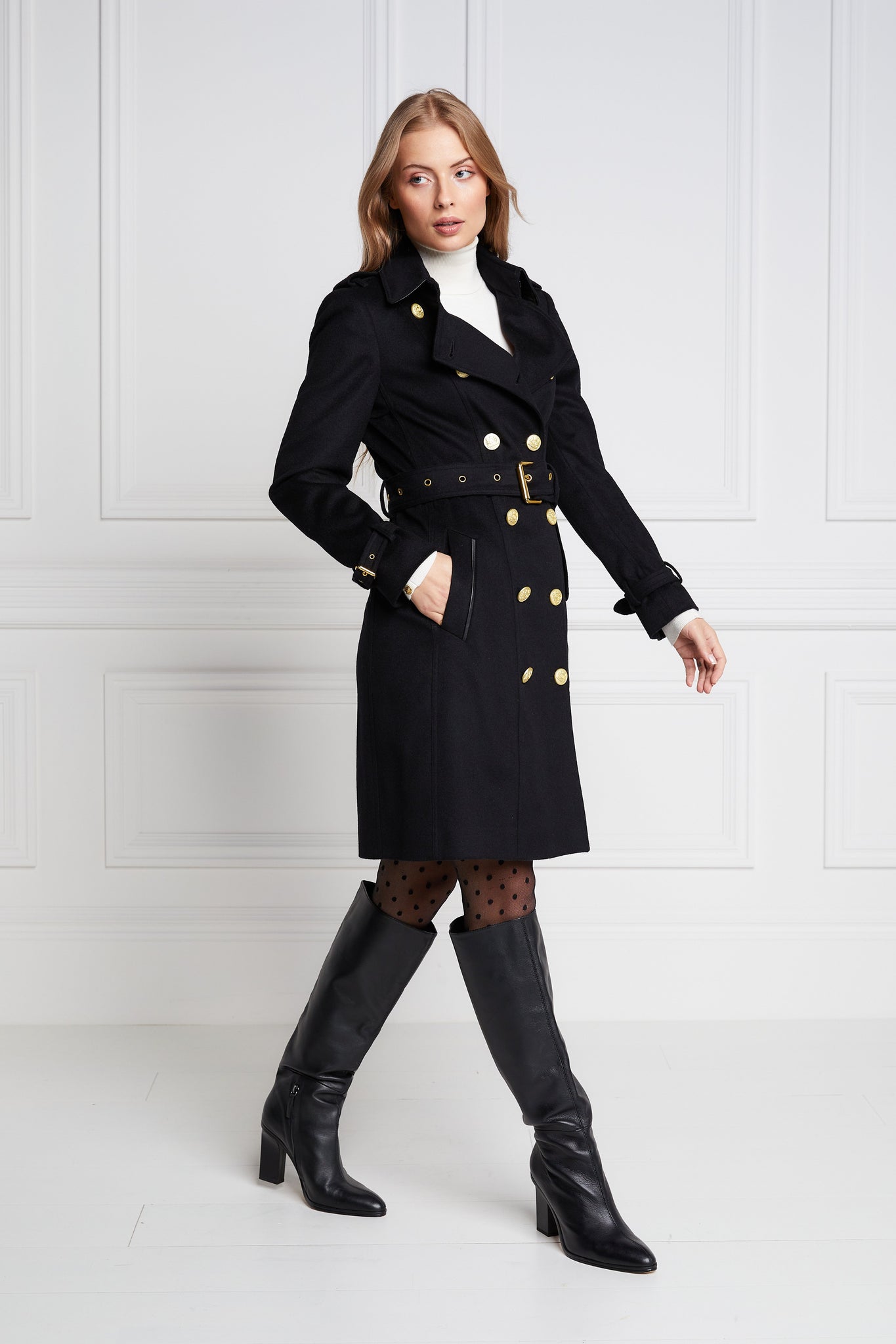 womens black detailed with gold hardware knee length wool trench coat