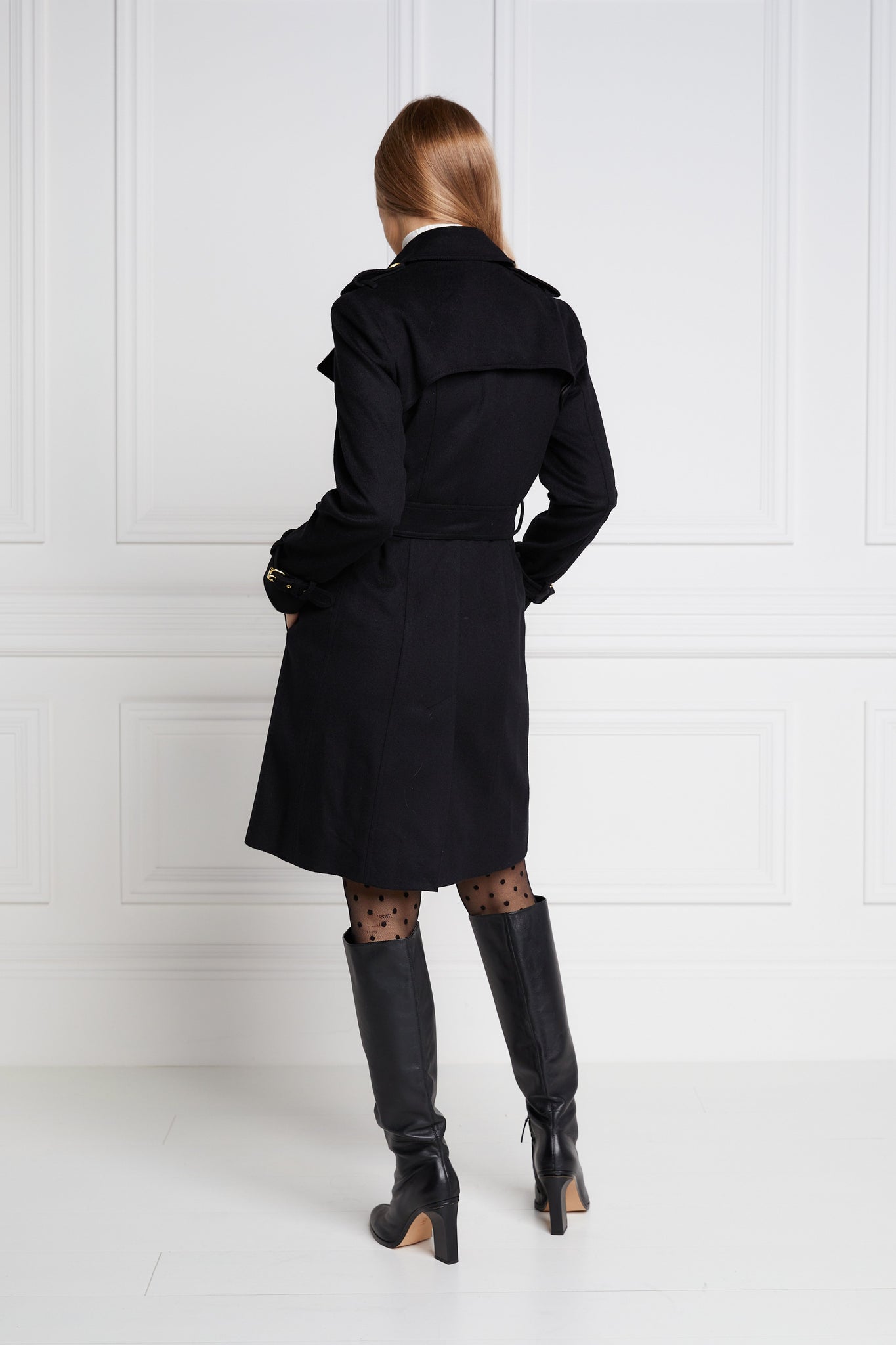Back image of Womens black detailed with gold hardware knee length wool trench coat