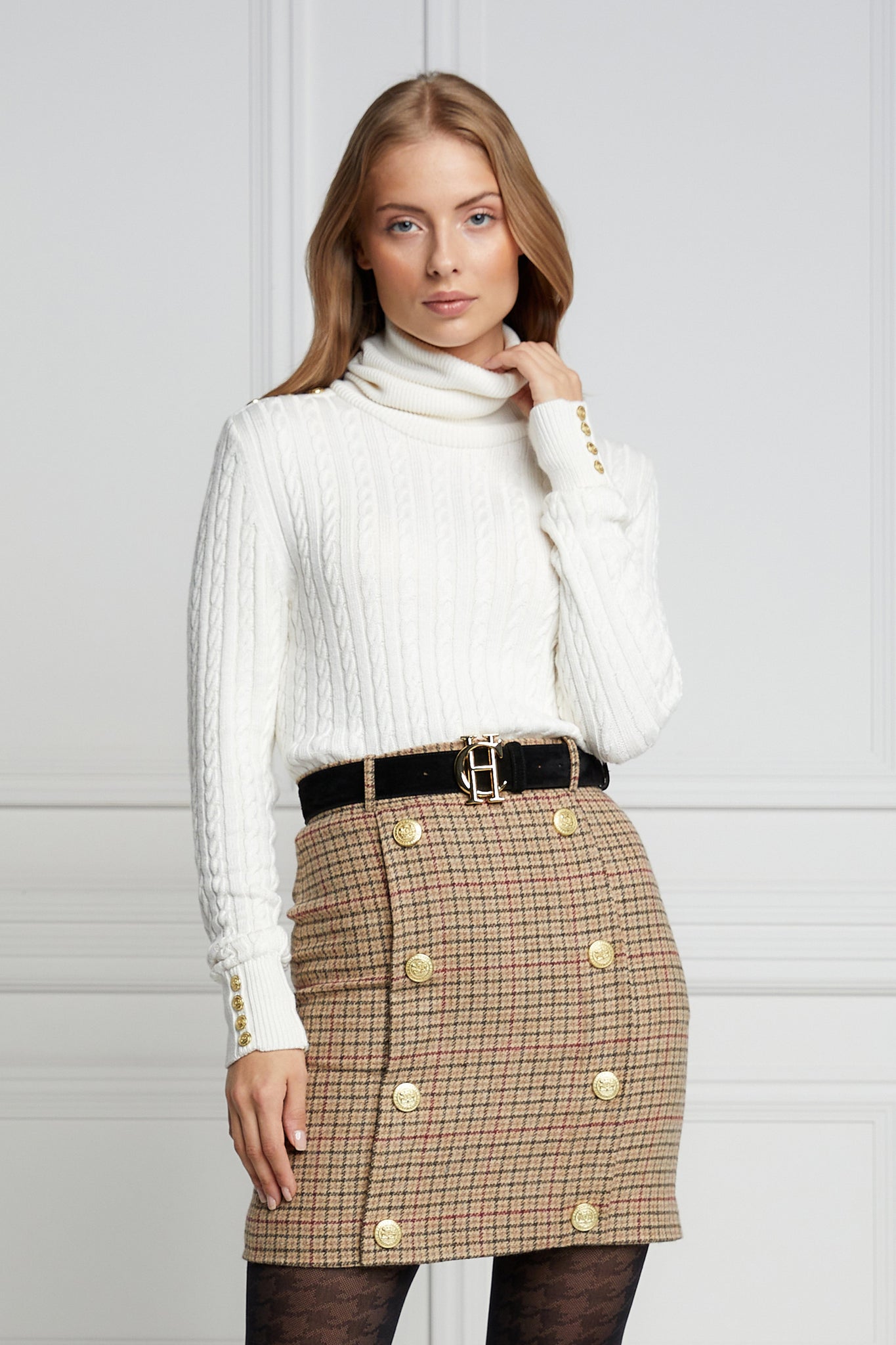 womens wool pencil mini skirt in light brown and red tweed check with concealed zip fastening on centre back and gold rivets down front