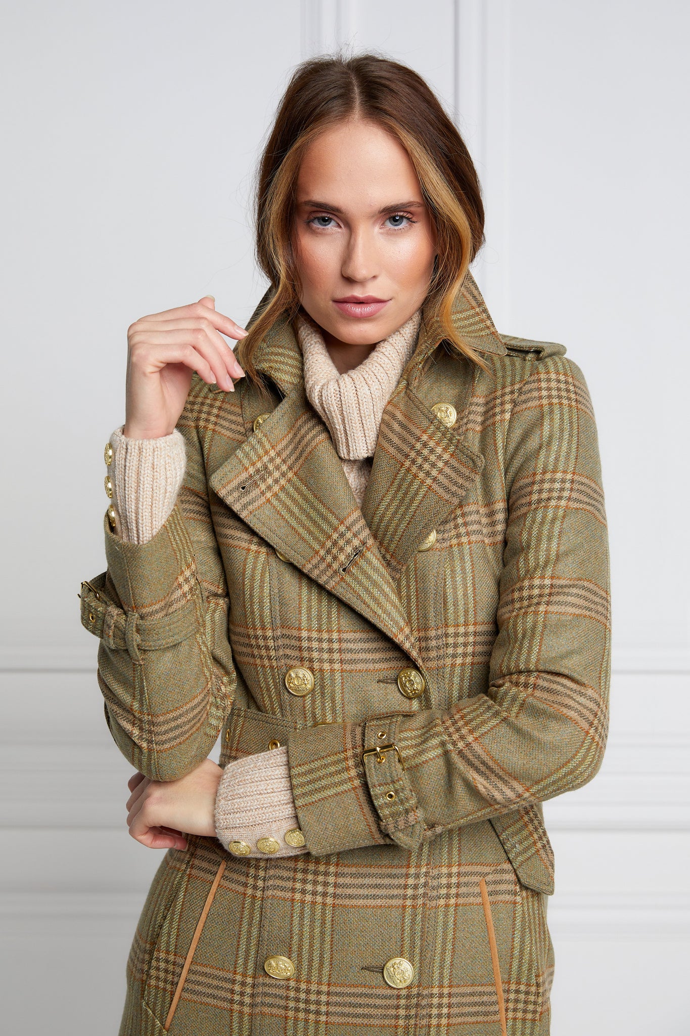 womens green tartan double breasted full length wool trench coat