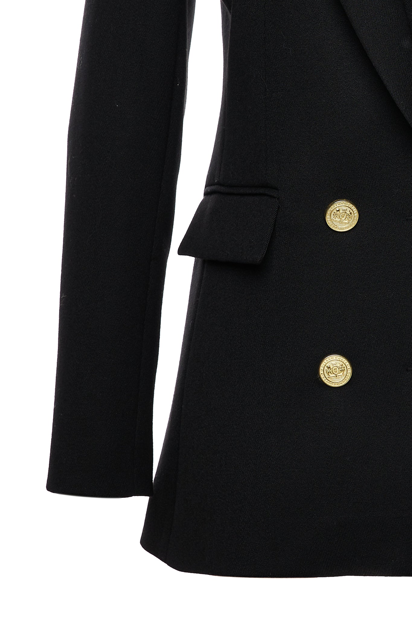 pocket and gold button detail on double breasted linen blazer in black with two hip pockets and gold button details down front and on cuffs and handmade in the uk