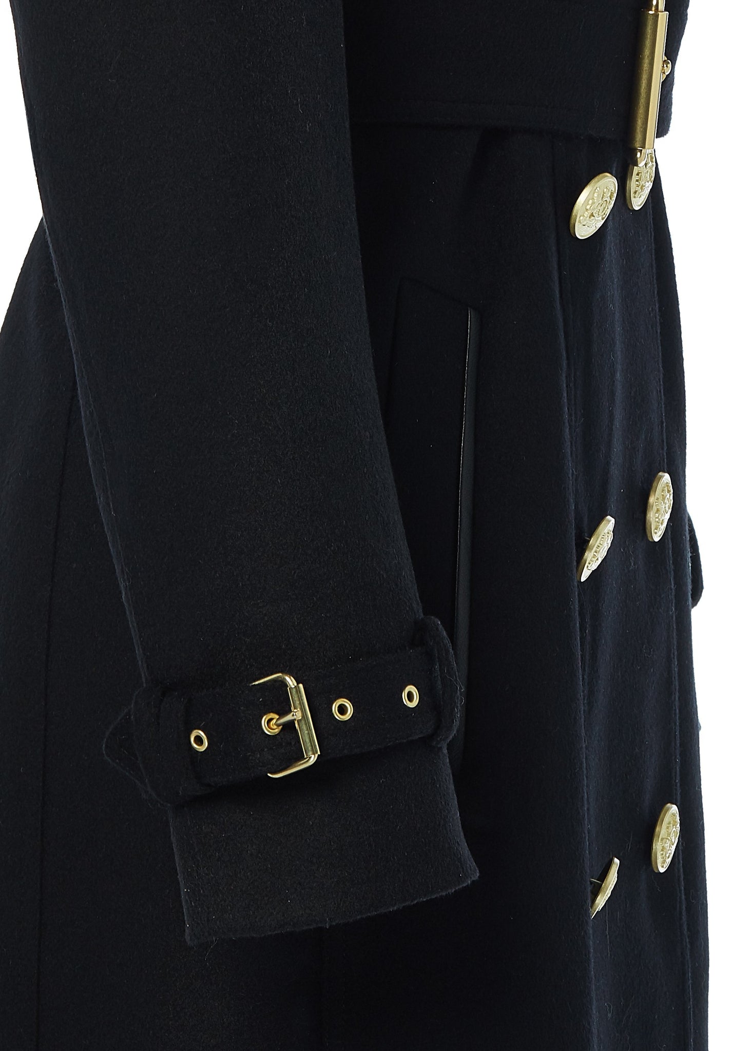 Arm detail of womens black detailed with gold hardware knee length wool trench coat