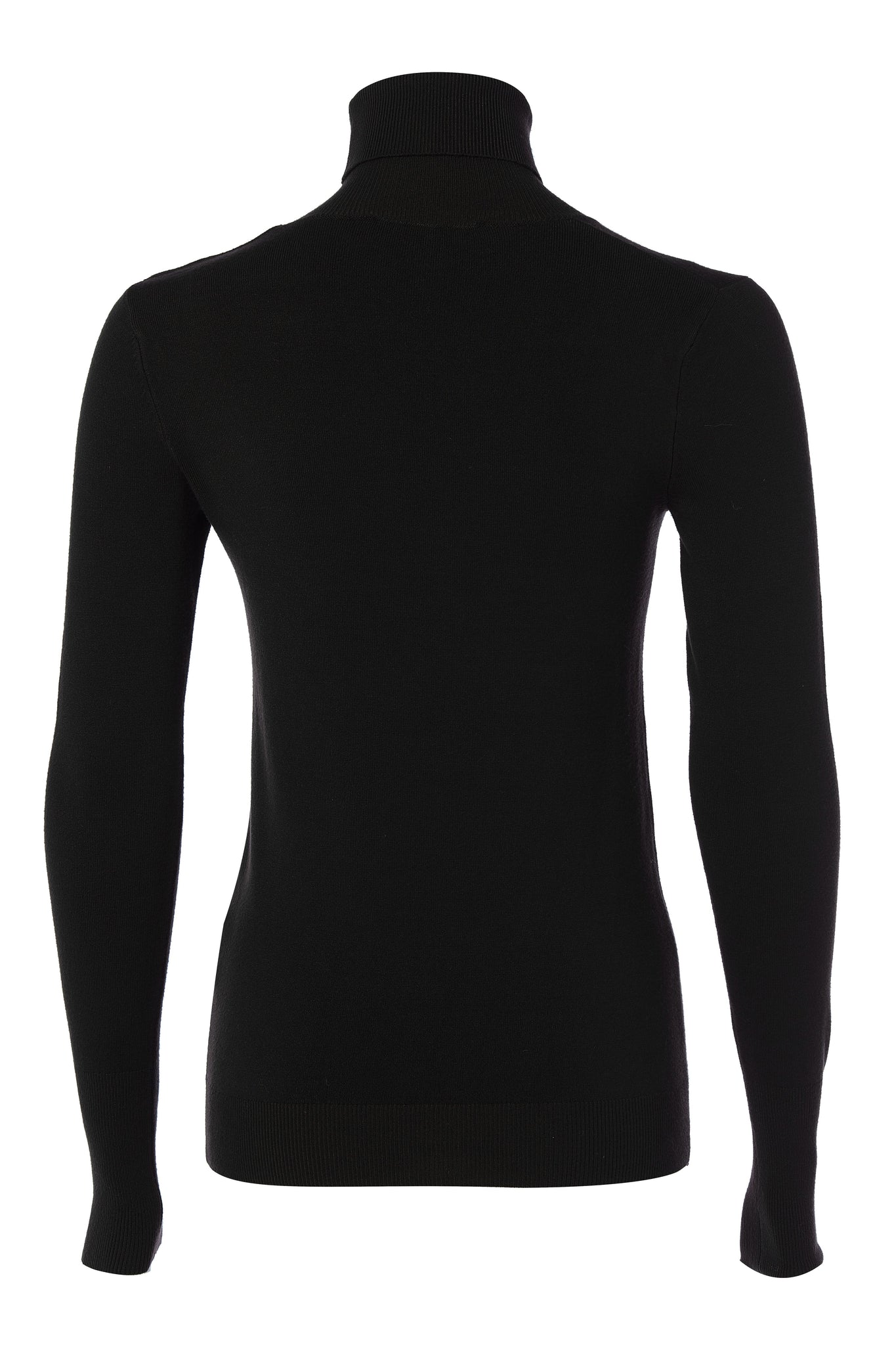 back of super soft lightweight jumper in black with ribbed roll neck collar, cuffs and hem