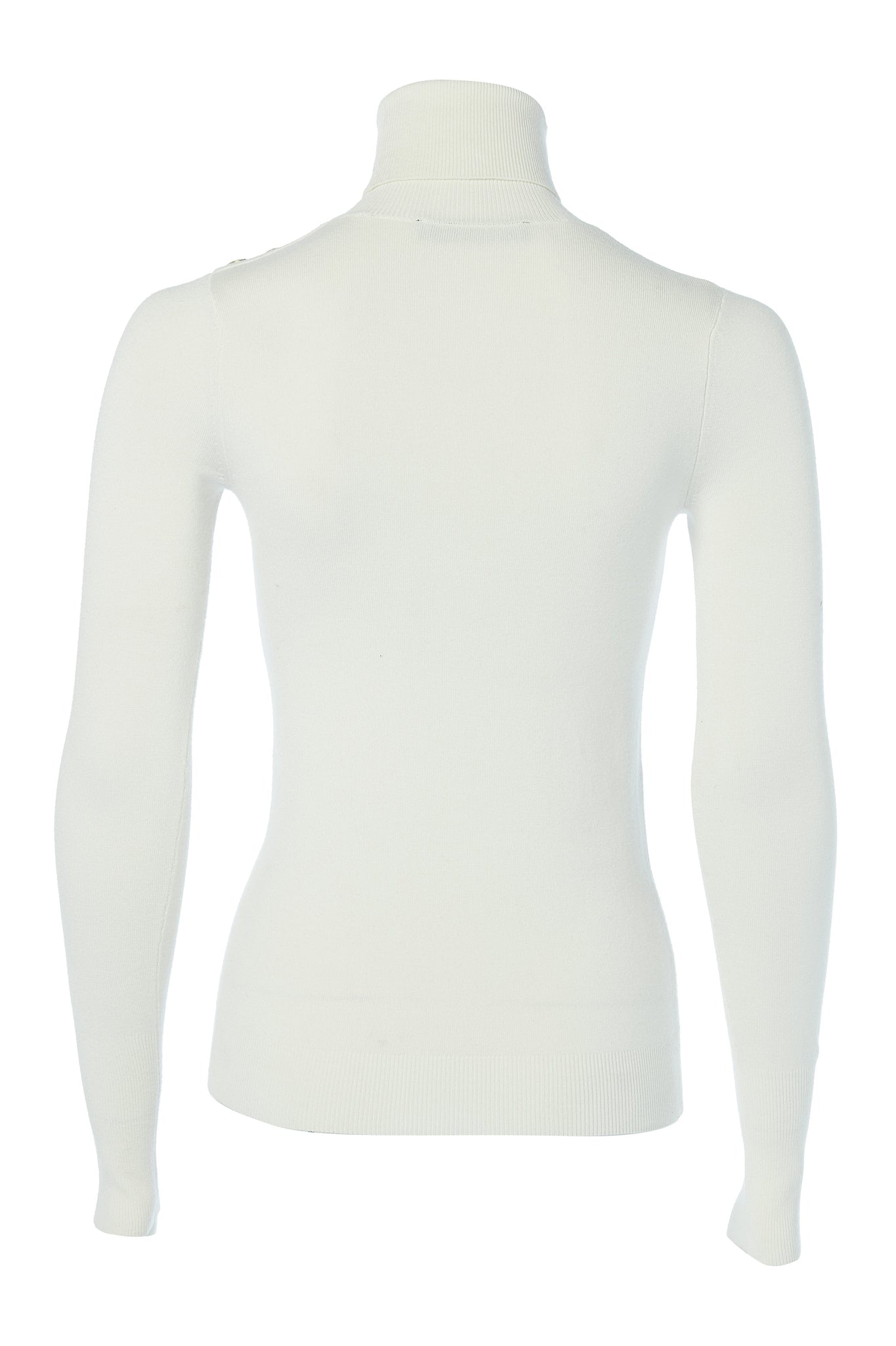 back of super soft lightweight jumper in cream with ribbed roll neck collar, cuffs and hem