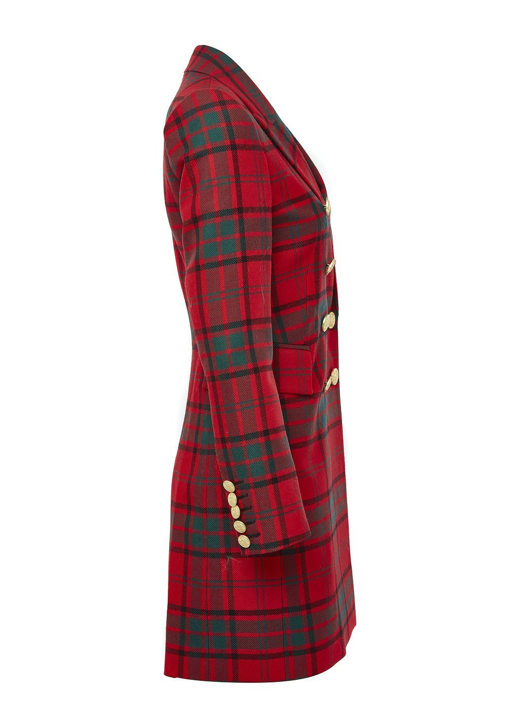side of red tartan womens wool coat with gold hardware