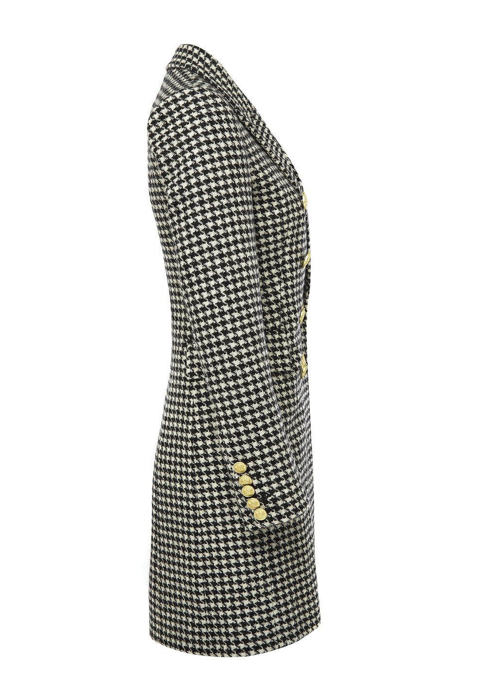 side of black and white houndstooth womens wool coat with gold hardware