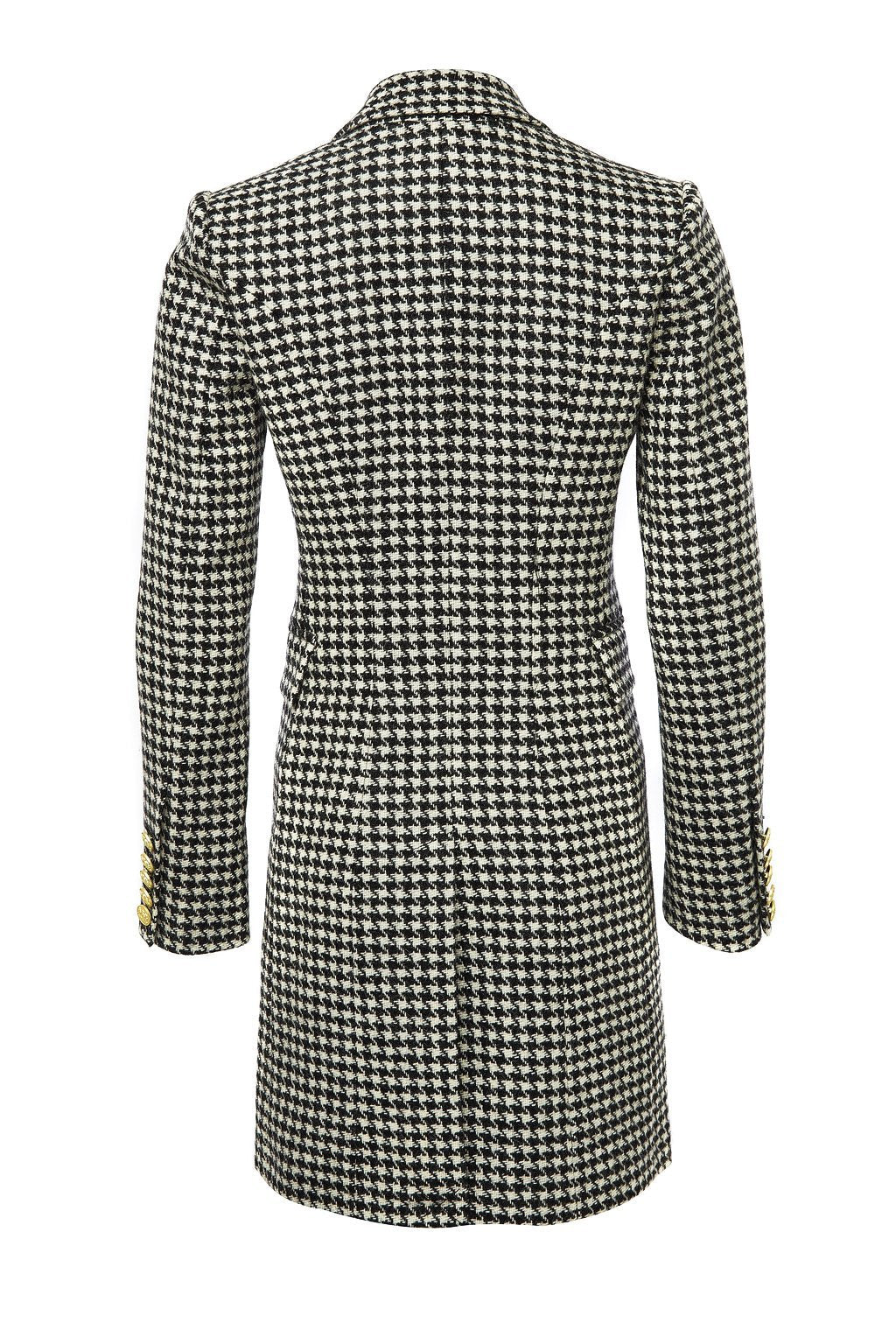 back of black and white houndstooth womens wool coat with gold hardware