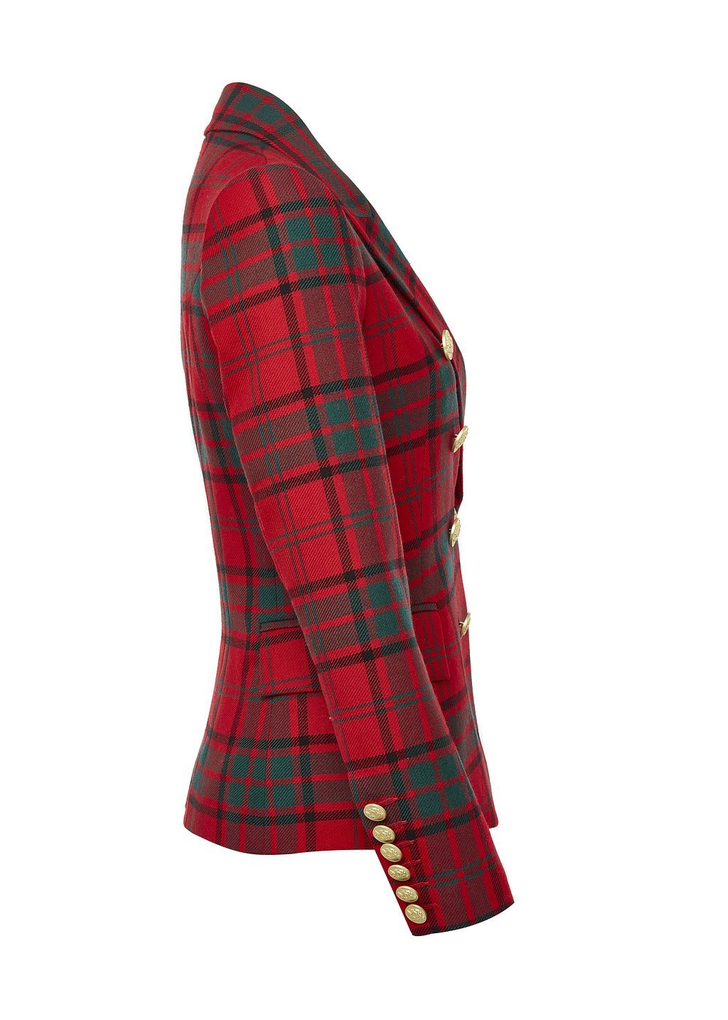 side of British made double breasted blazer that fastens with a single button hole to create a more form fitting silhouette with two pockets and gold button detailing this blazer is made from red and green tartan
