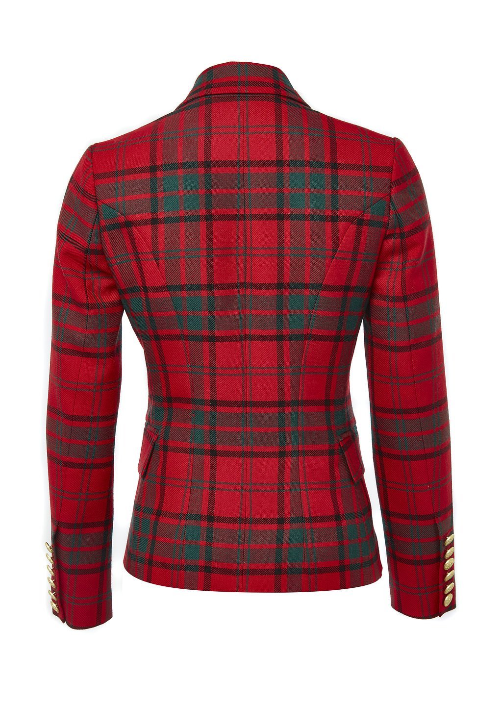 back of British made double breasted blazer that fastens with a single button hole to create a more form fitting silhouette with two pockets and gold button detailing this blazer is made from red and green tartan