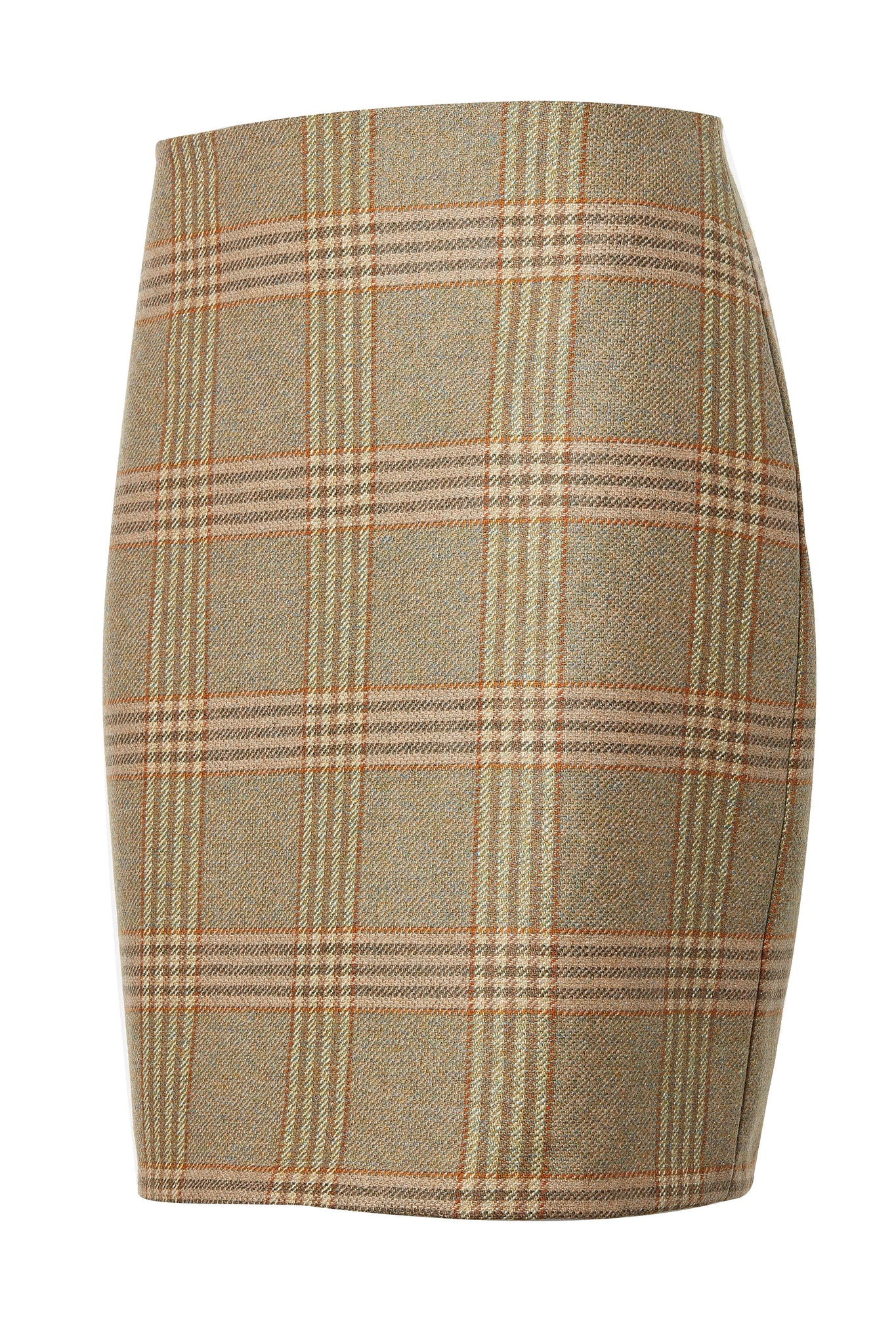 side of womens wool tweed pencil mini skirt in green and light brown check with slit on back and zip fastening on centre back