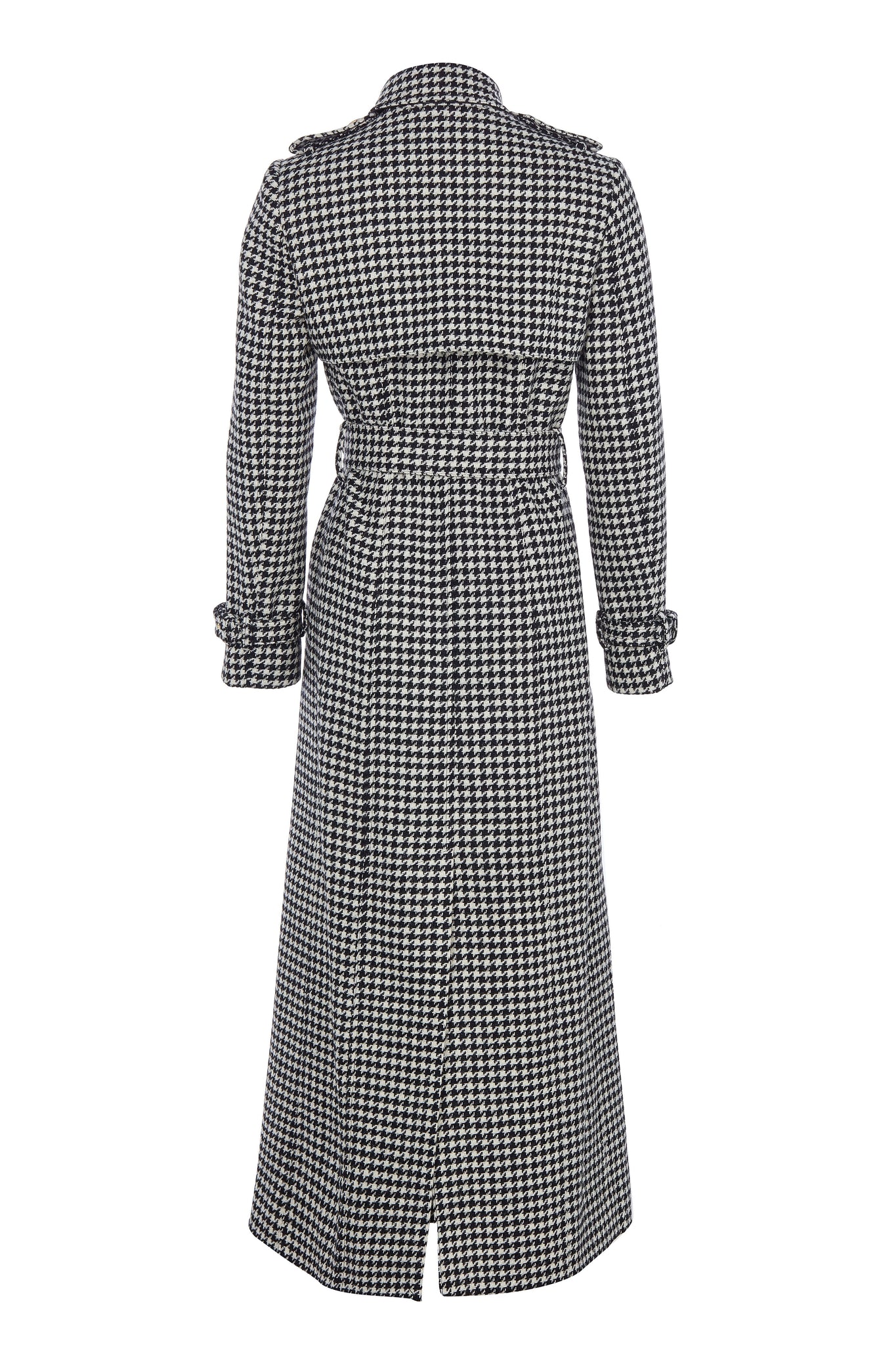 back of womens black and white houndstooth double breasted full length wool trench coat