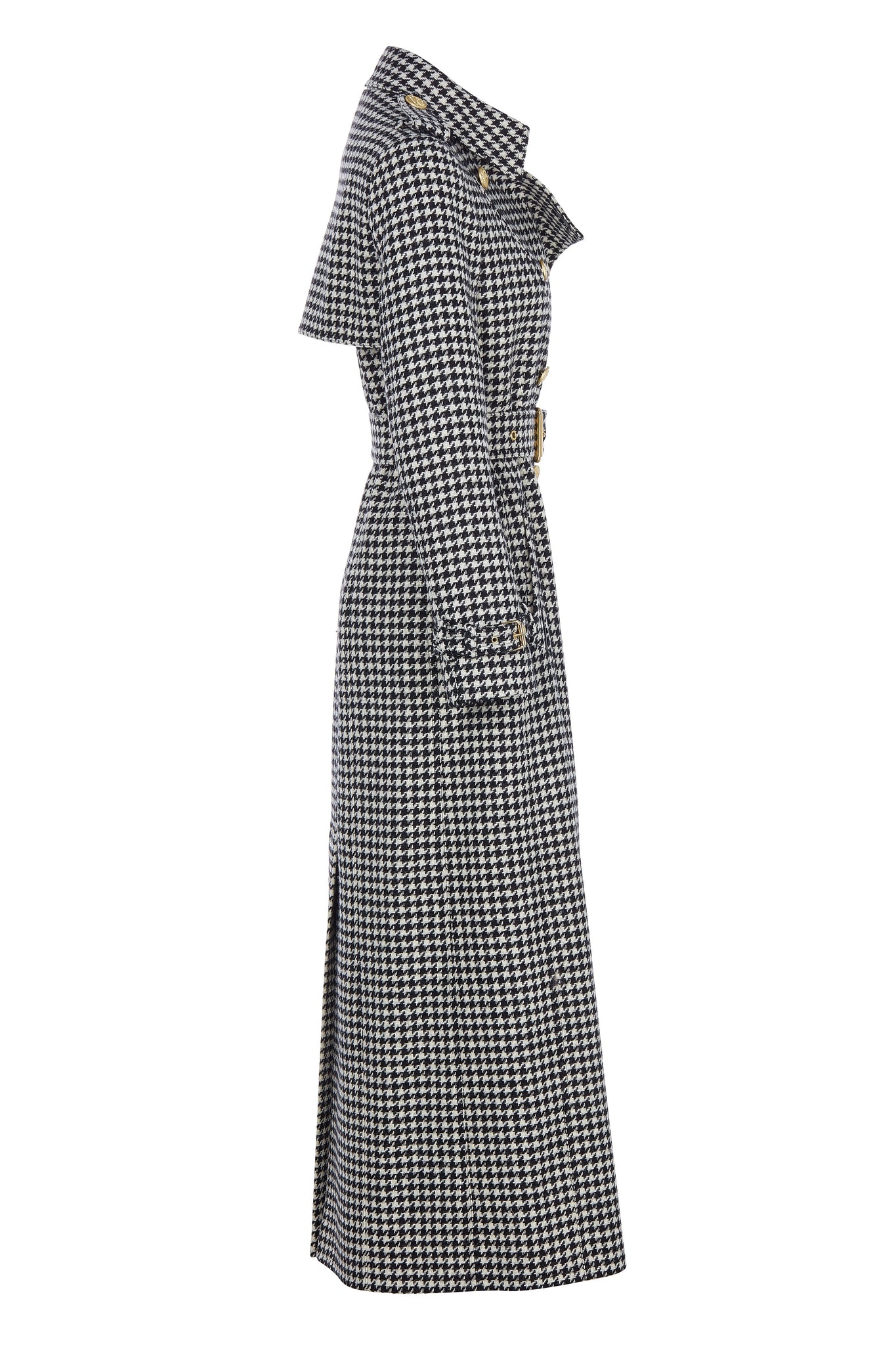 side of womens black and white houndstooth double breasted full length wool trench coat
