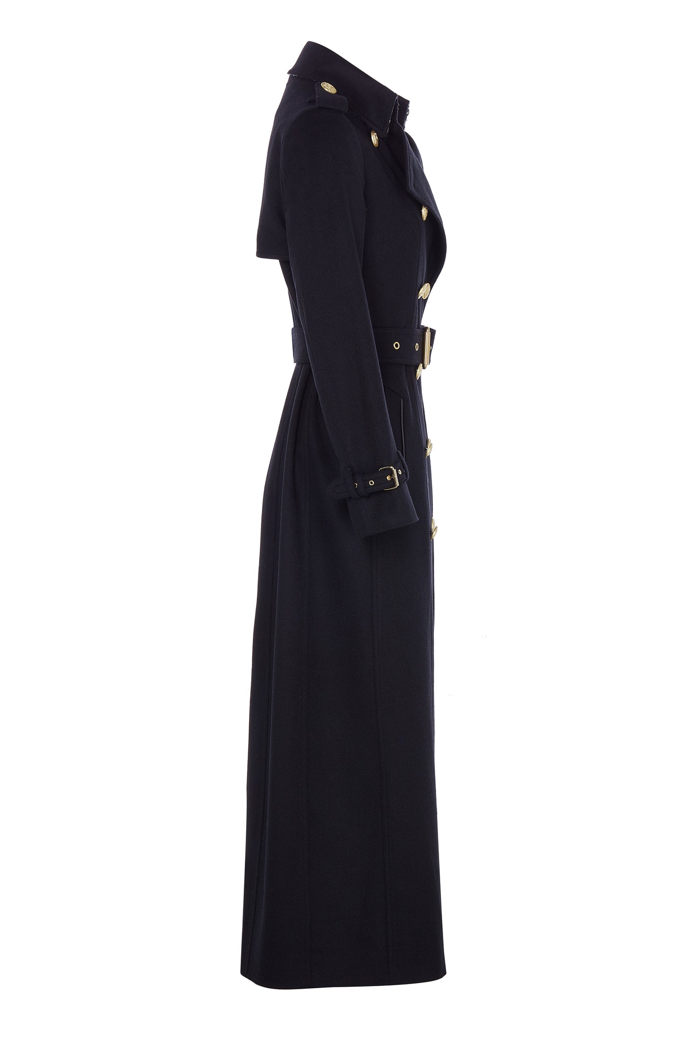 side of womens black double breasted full length wool trench coat