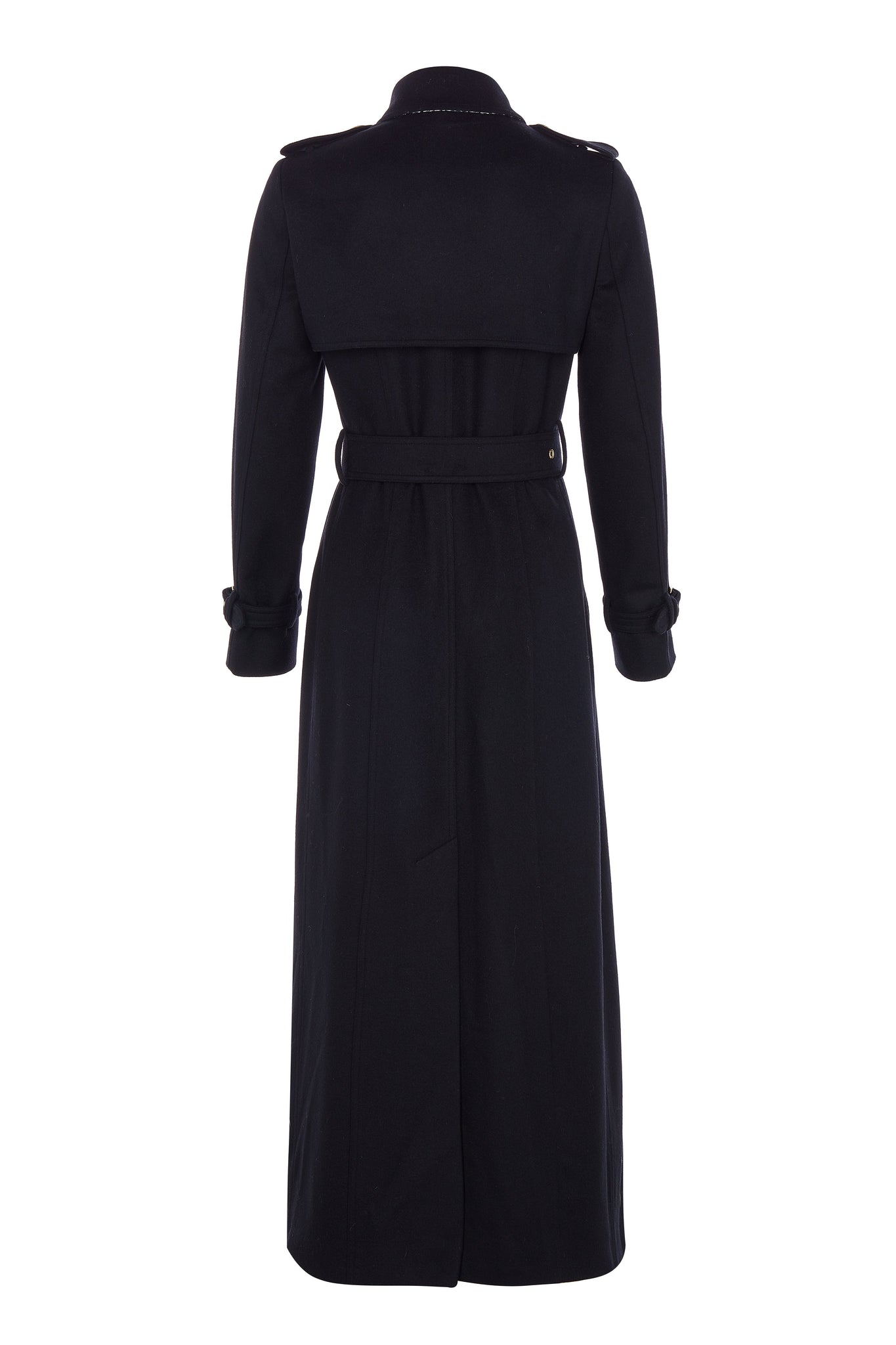 back of womens black double breasted full length wool trench coat