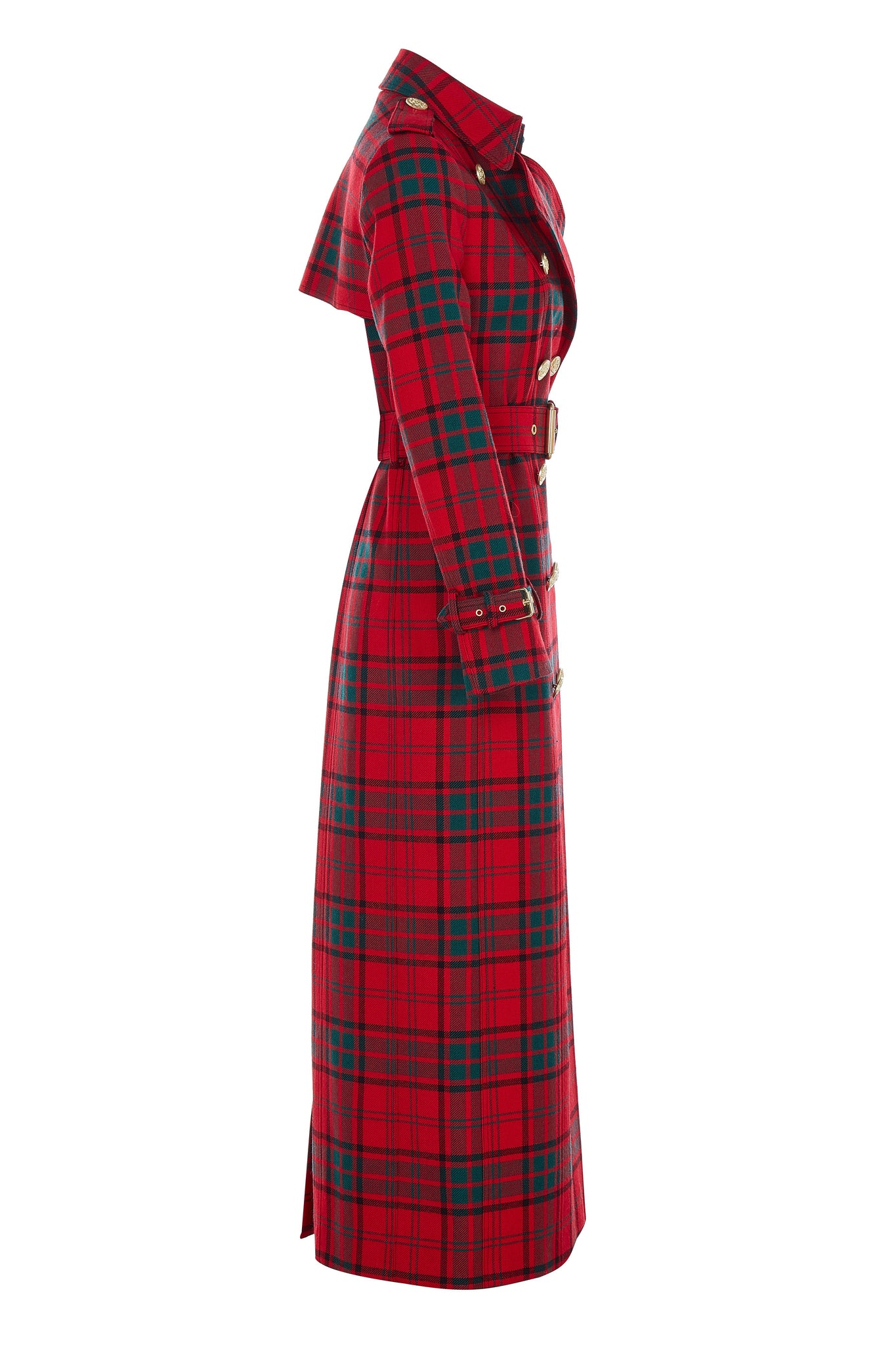 side of womens red green tartan double breasted full length wool trench coat