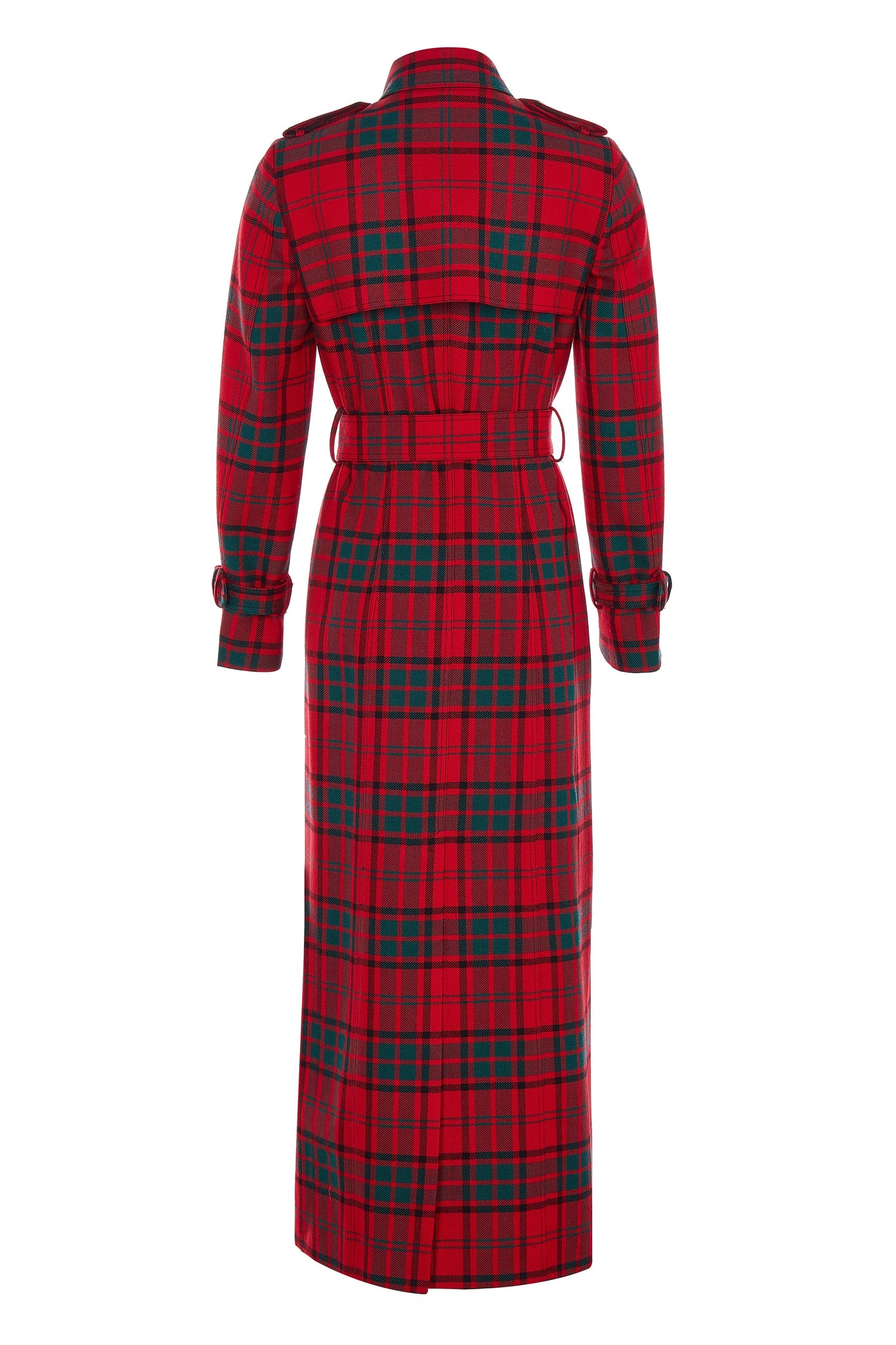 back of womens red green tartan double breasted full length wool trench coat
