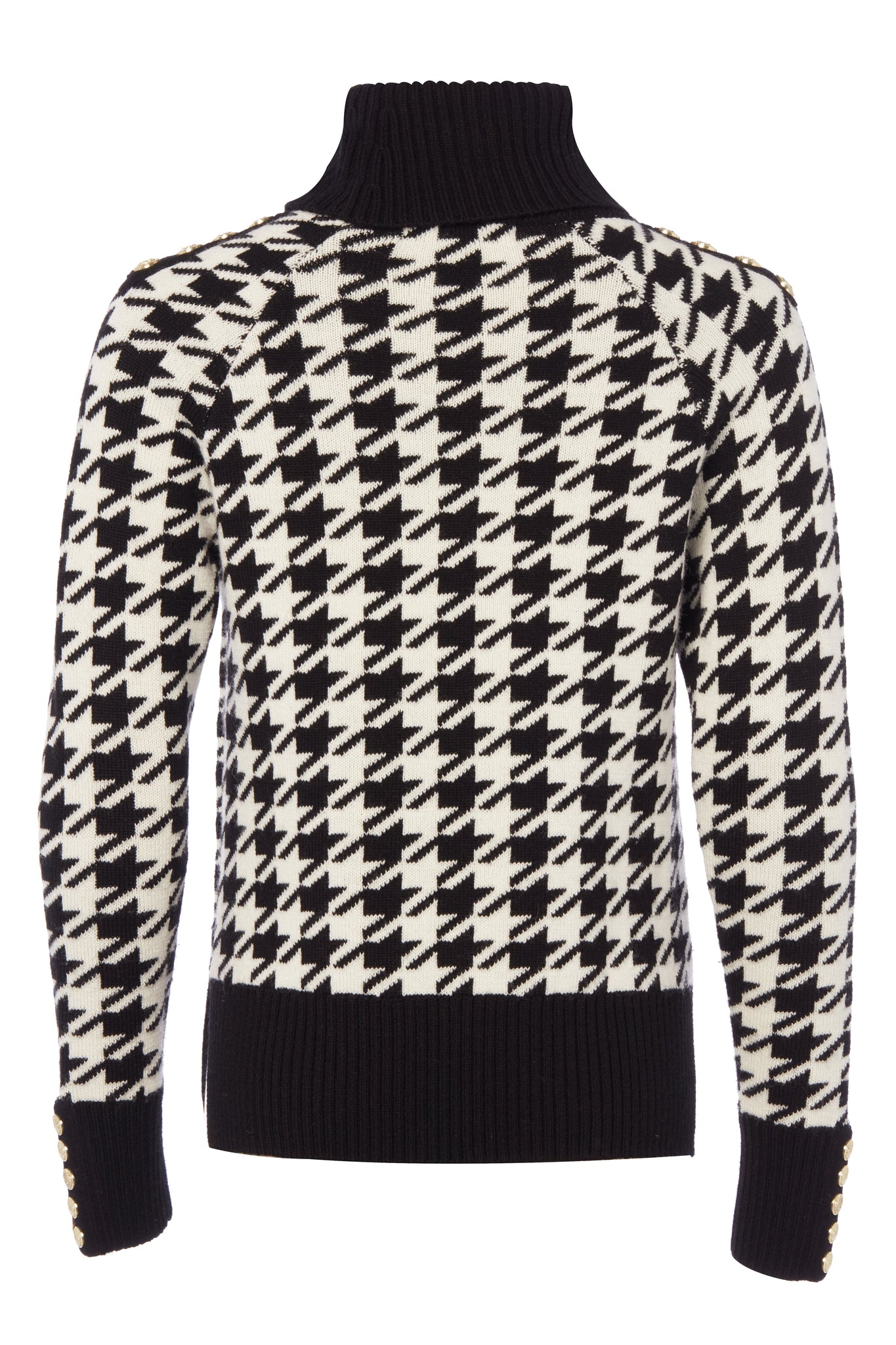 back of a classic black and white houndstooth jumper with contrast black cuffs, roll neck and split ribbed hem with gold button detail on the cuffs and collar