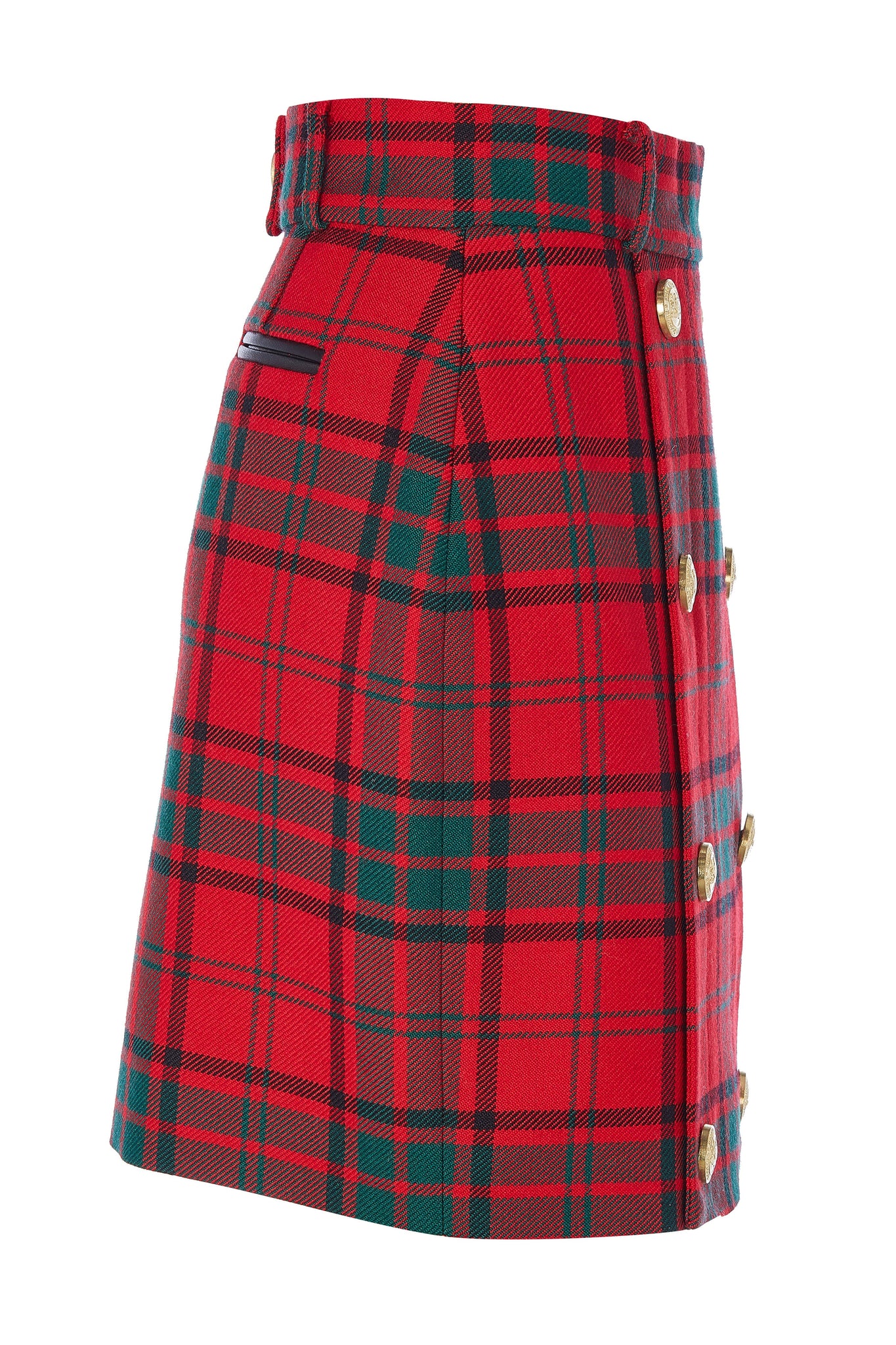 side of womens wool pencil mini skirt in red and green tartan check with concealed zip fastening on centre back and gold rivets down front
