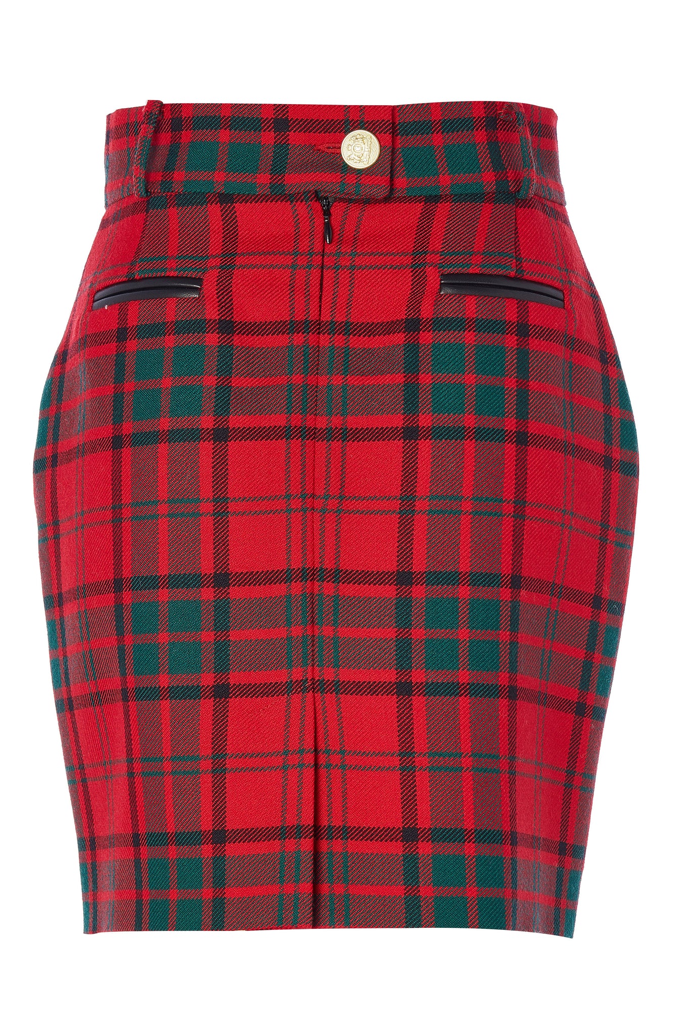 back of womens wool pencil mini skirt in red and green tartan check with concealed zip fastening on centre back and gold rivets down front